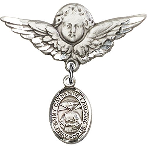 Sterling Silver Baby Badge with St. Catherine Laboure Charm & Angel Wing Pin - Perfect for Christening, Baptism & First Communion Gifts