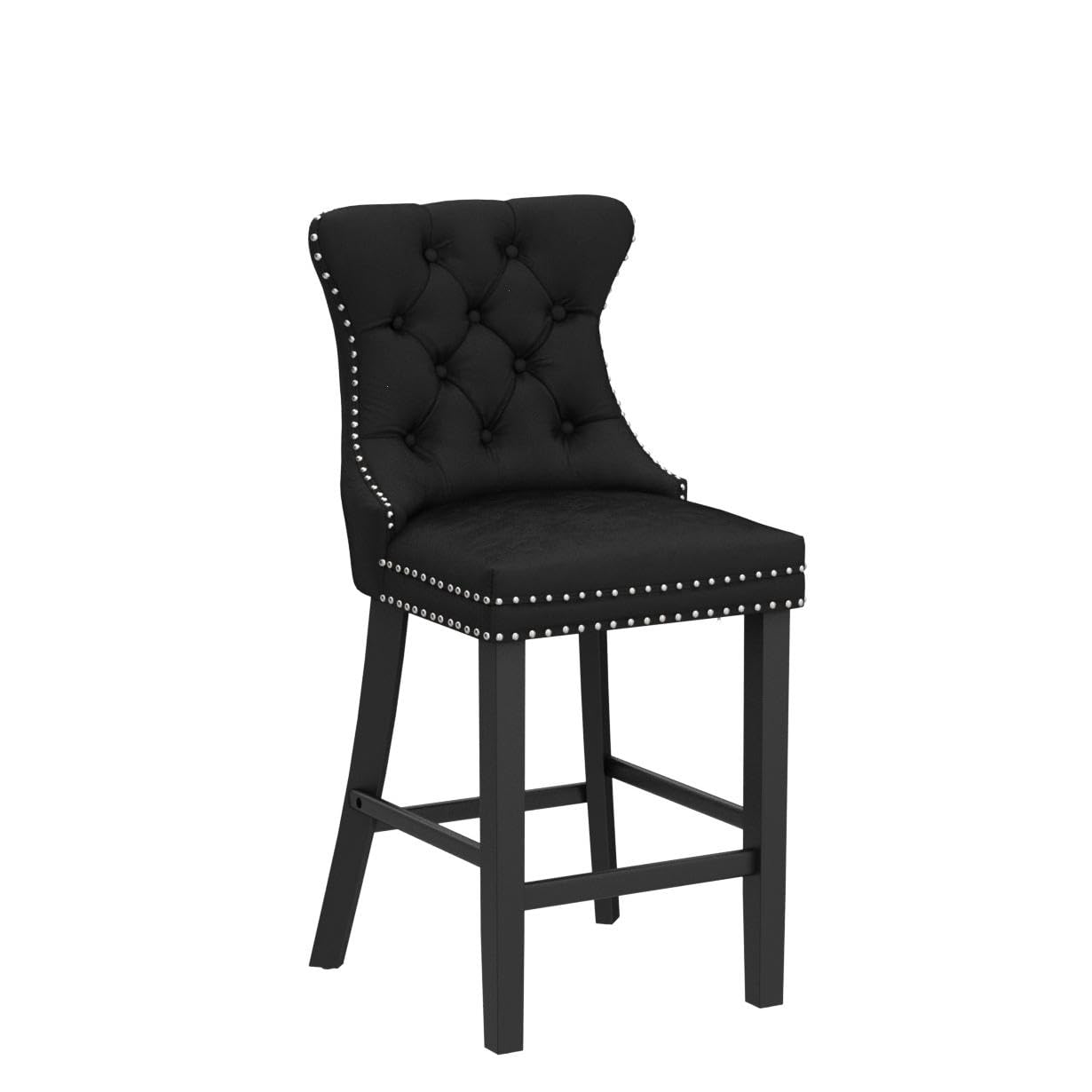 SoarFlash Modern Velvet Upholstered Bar Stools Set of 2 - Wooden Legs, Button Tufted Design with Chrome Nailhead Trim, Armless Counter Height Stools for Kitchen Island, Breakfast Bar or Home Decor (Black)