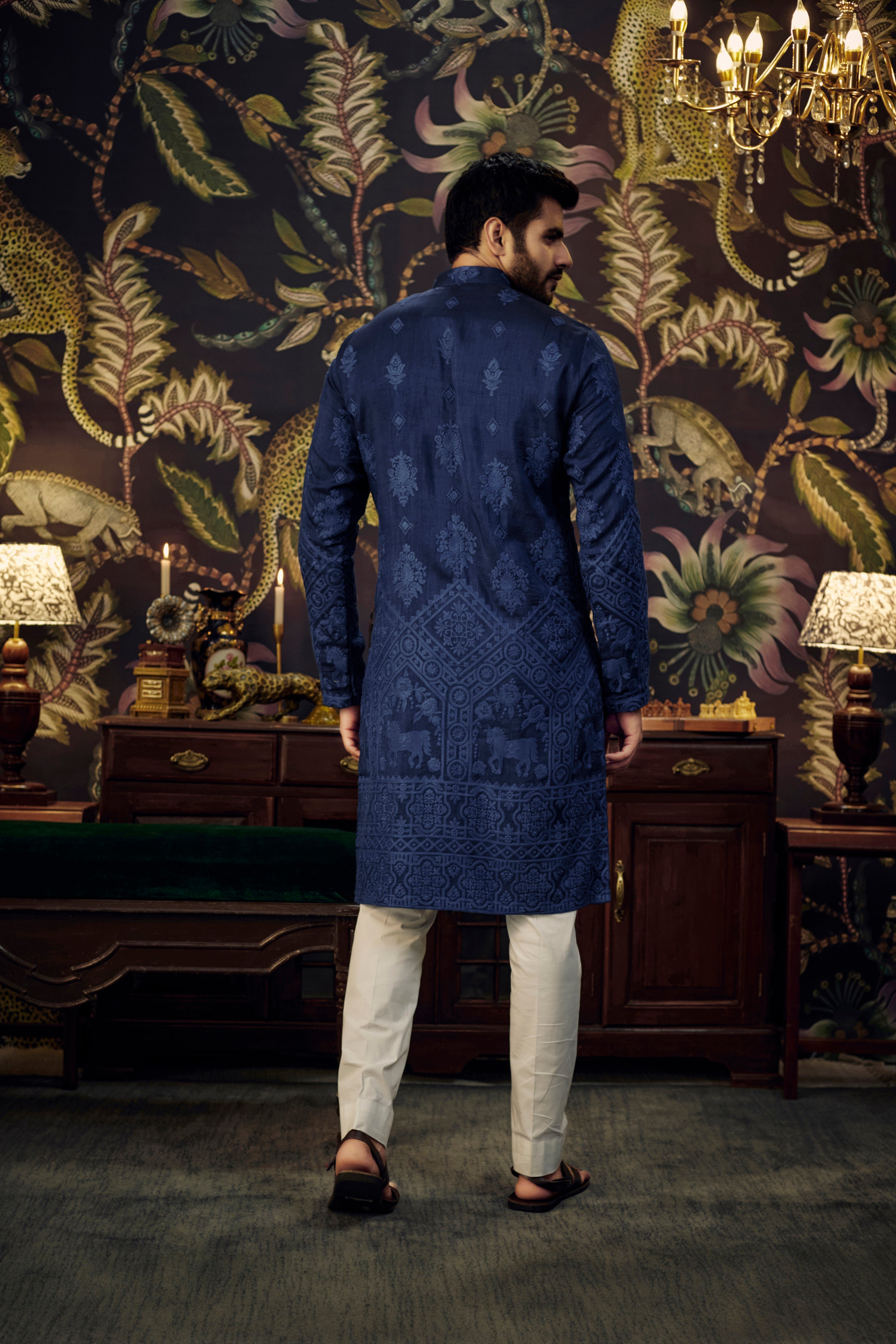 Elegant Navy Blue Embroidered Kurta with Intricate Horse Figures - Perfect for Festivals, Weddings & Ethnic Celebrations