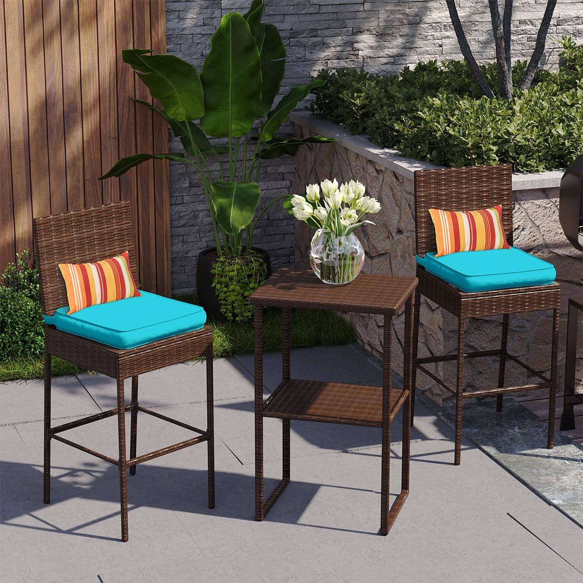 Sundale Outdoor Wicker Bar Stool Set of 4 - 30 Inch Counter Height Patio Stools with Backrest, Rattan Woven Tall Chairs with Blue Cushions & Pillows - Steel Frame, Brown - Perfect for Backyard, Poolside, and Outdoor Dining Areas