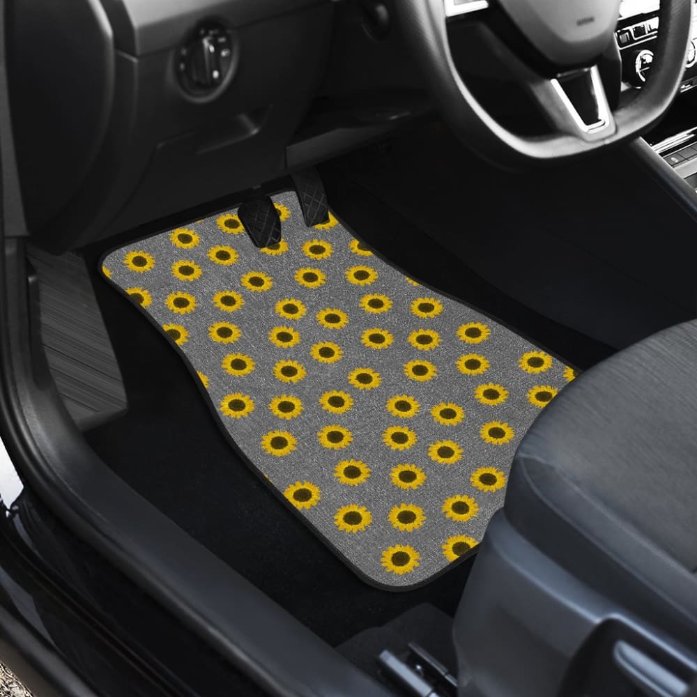 Premium Sunflower Pattern Gray Burlap Car Floor Mats - Non-Slip, Durable & Stylish for SUVs, Sedans & Trucks - Perfect for Road Trips & Daily Commutes