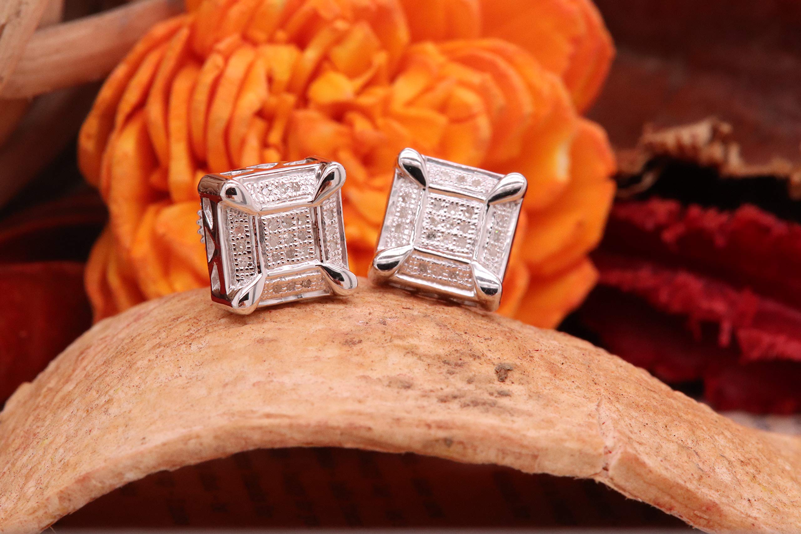 Dazzlingrock Sterling Silver Men's Round Diamond Stud Earrings - 1/8 CTW Square Cluster Design for Gifts, Weddings & Special Occasions