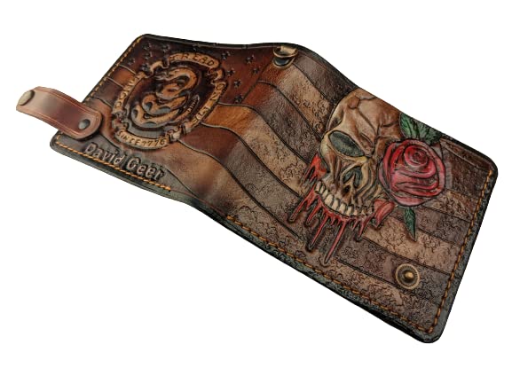 Men's 3D Genuine Leather Wallet - Custom Personalized Patriotic Wallet with USA Flag, Rose Skull, Join or Die & Don't Tread On Me Designs - Perfect for Everyday Carry & Gift for American Pride Enthusiasts