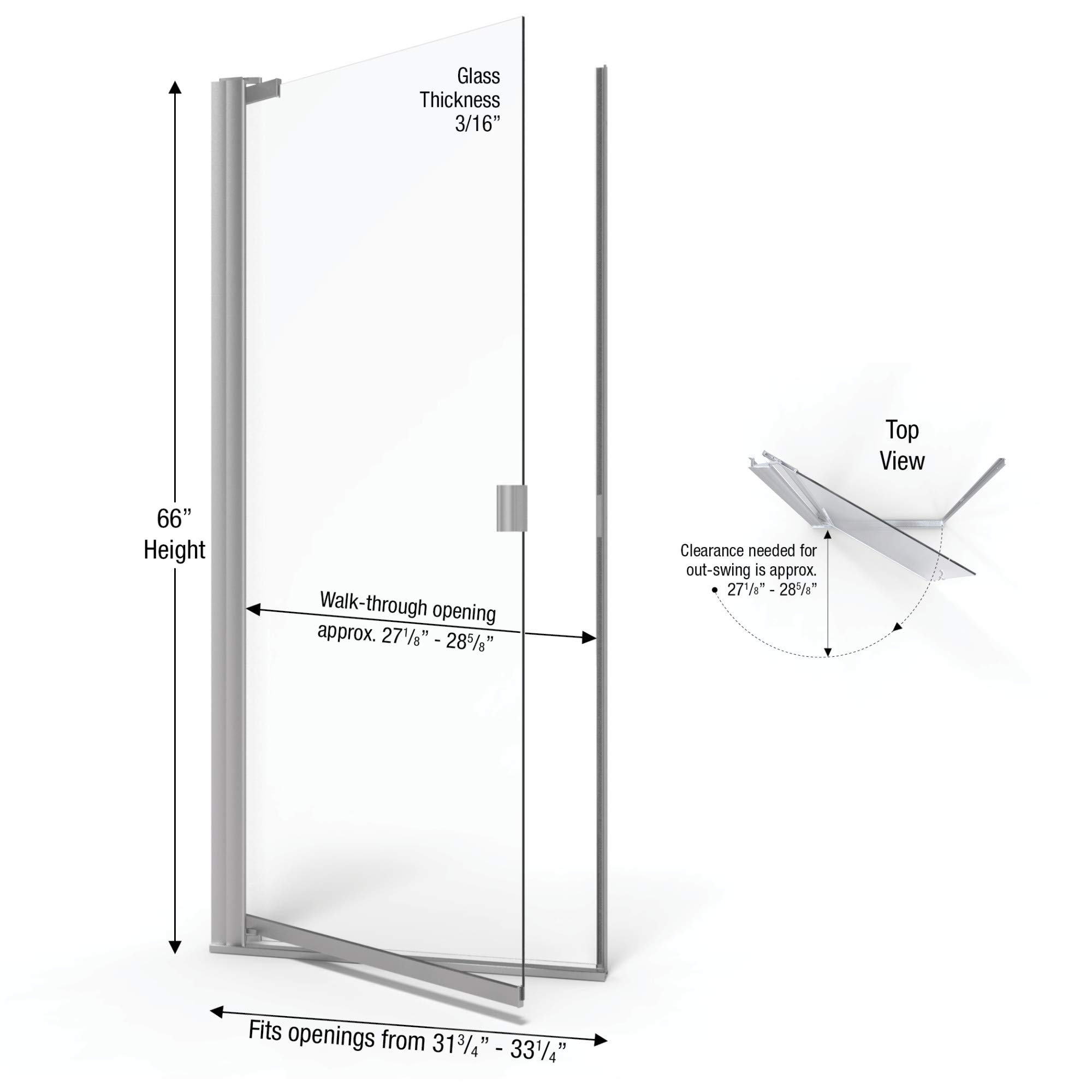 Basco Armon 31.75 to 33.25 Inch Semi-Frameless Pivot Shower Door - Clear Glass with Brushed Nickel Finish for Modern Bathrooms | Perfect for Small to Medium Bathroom Spaces