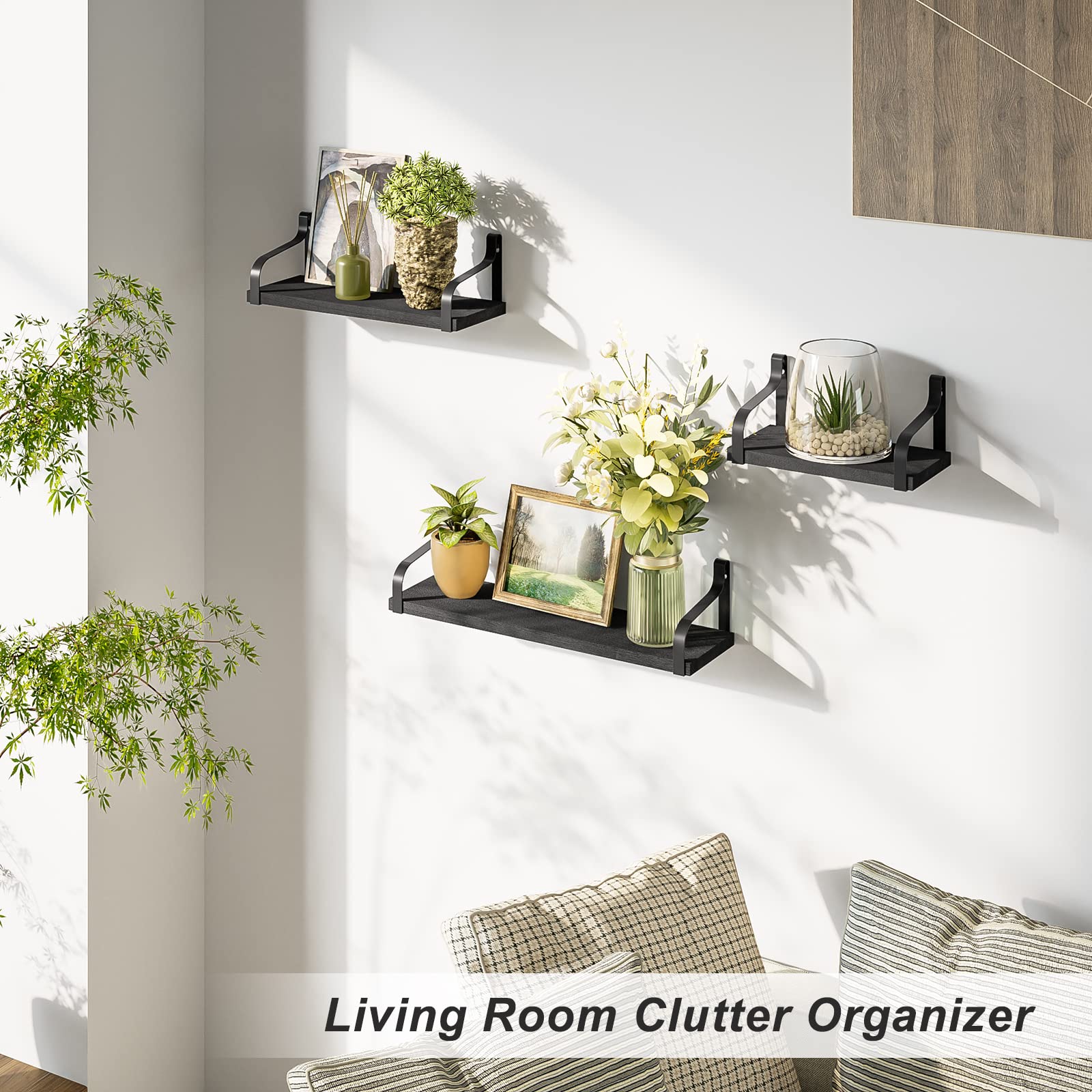 Love-KANKEI Floating Shelves Wall Mounted - Set of 2 Sturdy Wooden Shelves for Home Decor, Bathroom, Kitchen & Living Room Organization