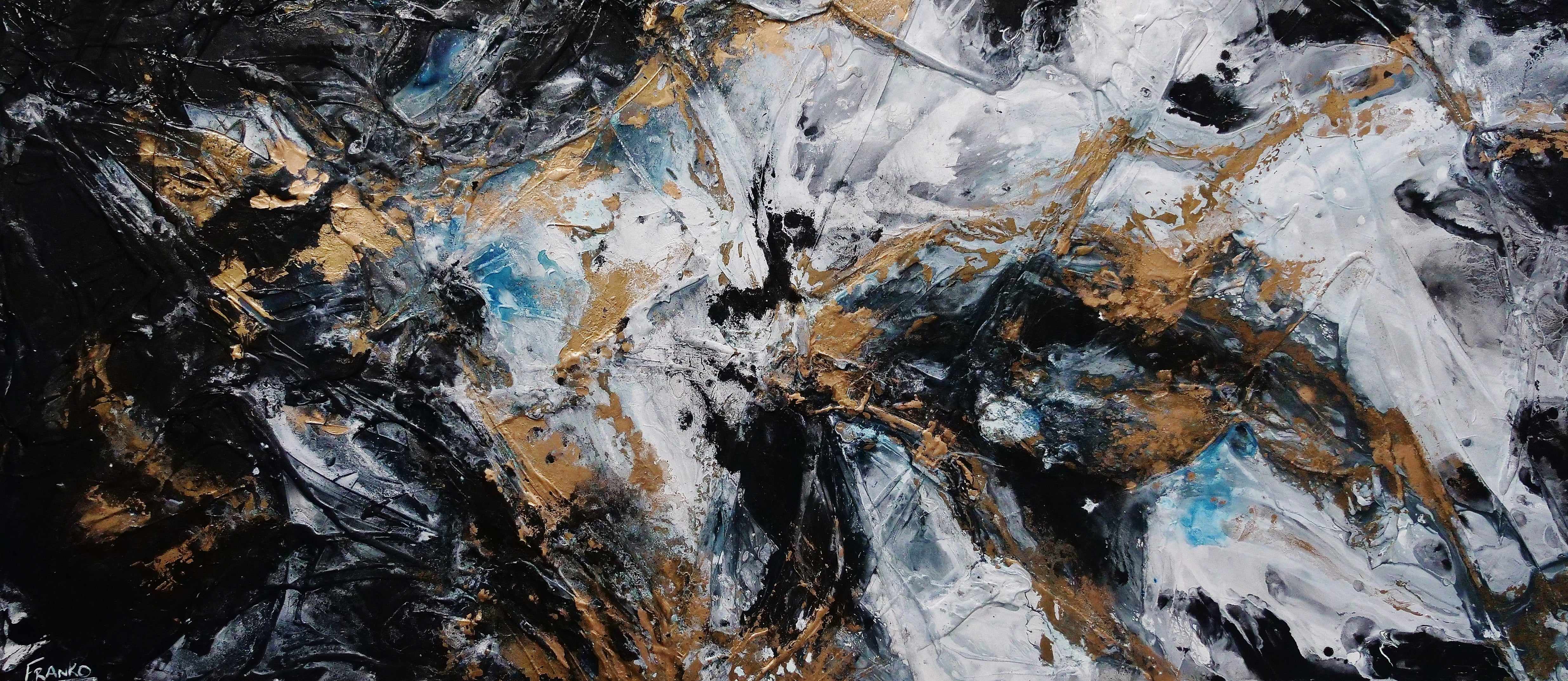Peppered Satin 270cm x 120cm Black Gold Grey Blue Textured Abstract Canvas Wall Art - Modern Home Decor for Living Room, Bedroom & Office