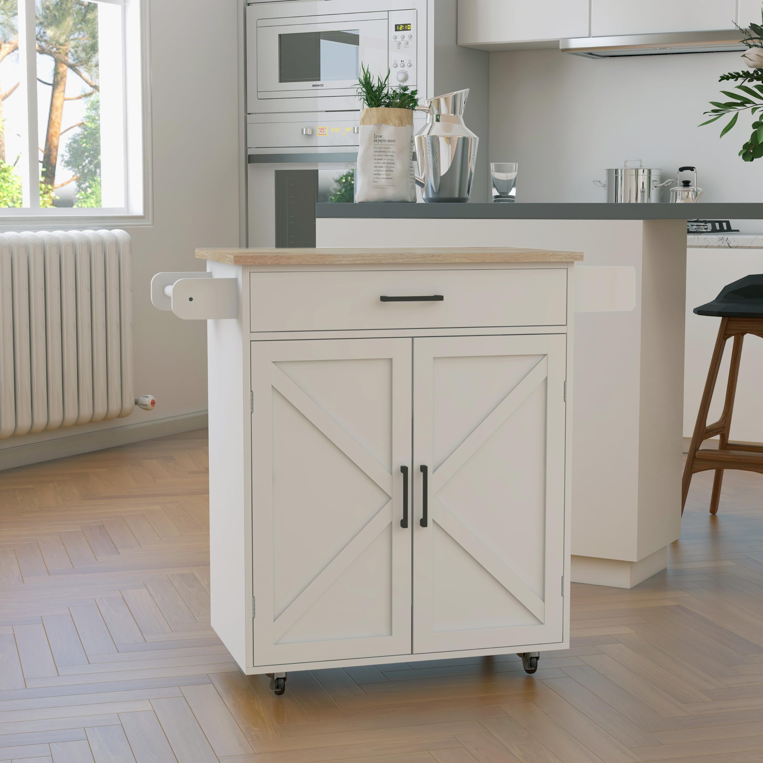RASOO White Rolling Kitchen Island Cart with Storage - Adjustable Shelf, Solid Wood Countertop, Towel & Spice Rack - Mobile Kitchen Organizer for Small Spaces, Dining Room & Apartment Cooking