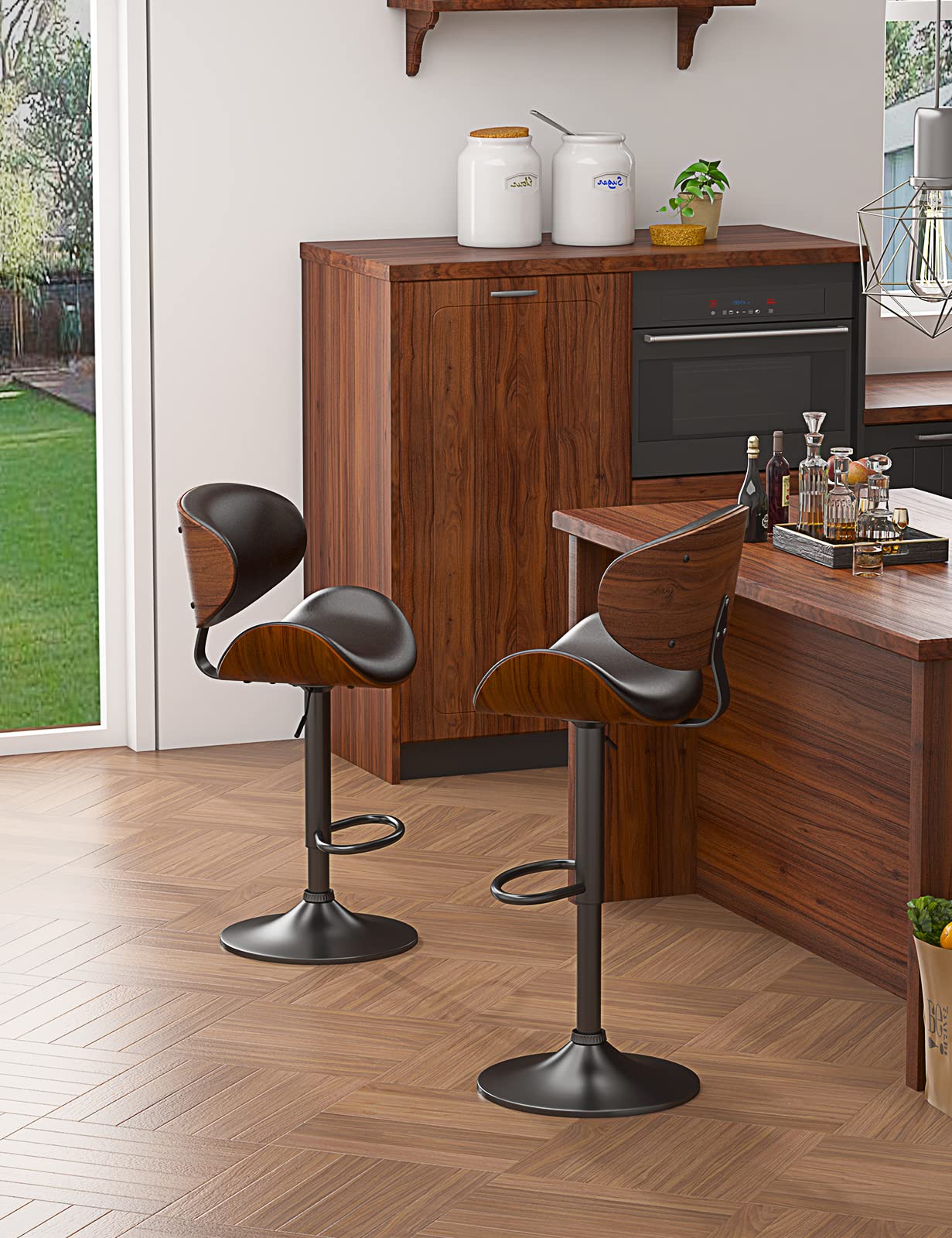 2 Pack Adjustable Swivel Bar Stools with Backrest & Footrest - Modern PU Leather Upholstered Bentwood Bar Chairs for Kitchen Counter, Dining Room & Home Bar - Perfect for Entertaining, Breakfast Nooks & Kitchen Islands (Black)