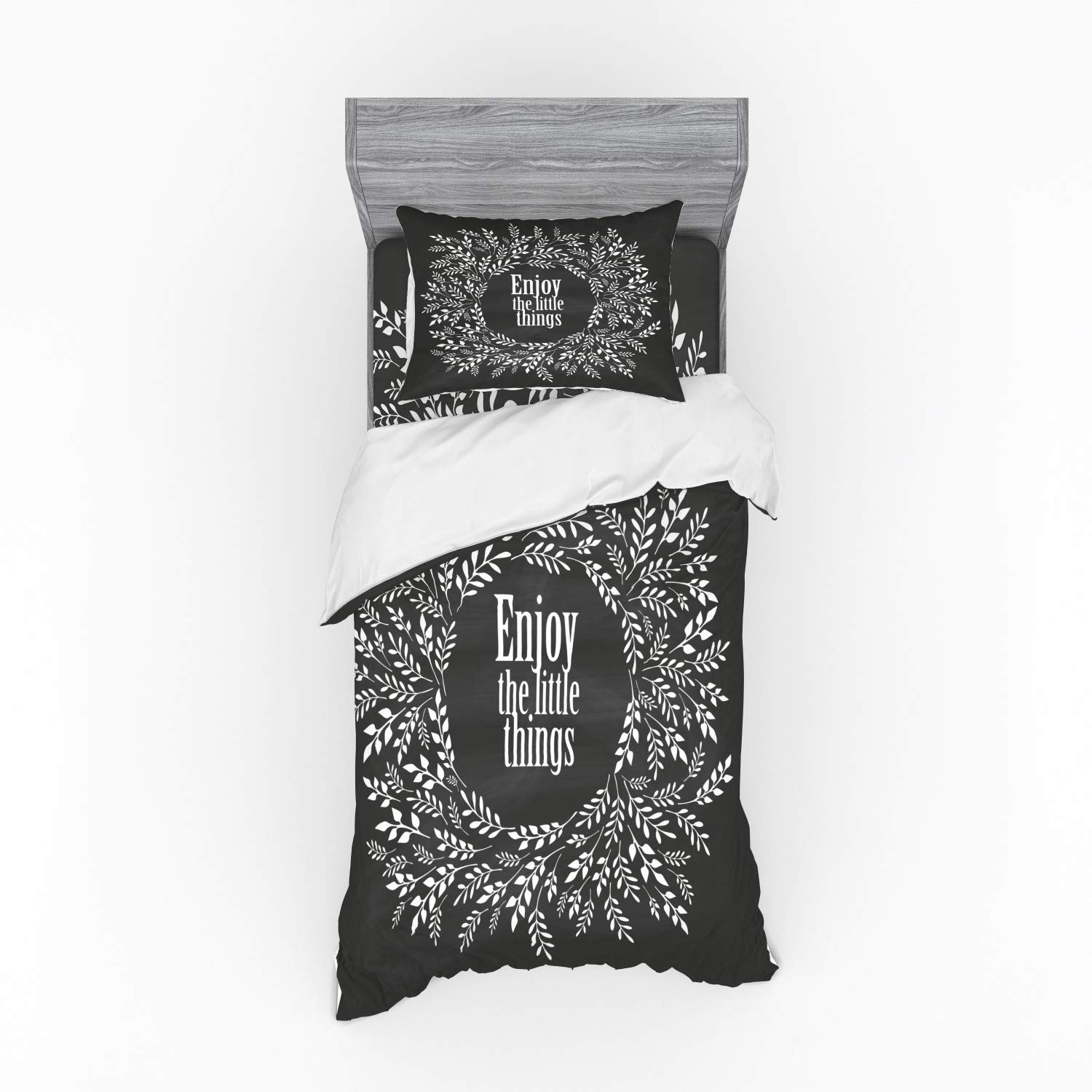 Ambesonne 3-Piece Twin XL Duvet Cover Set - Blooming Wreath Calligraphy Design on Grey & White Background, Includes Sham & Fitted Sheet | Cozy Bedroom Decor for Guest Rooms, Dorms & Apartments