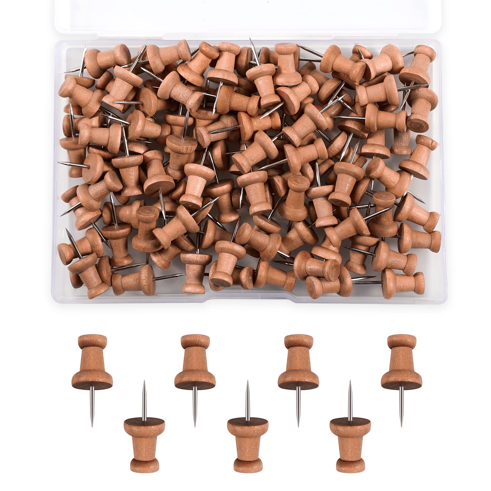 AIEX 100pcs Natural Wood Push Pins - Sharp Steel Point Map Tacks for Cork Bulletin Boards, Office, School, Craft Projects - Perfect for Wall Maps, DIY Projects & Home Decor Organization