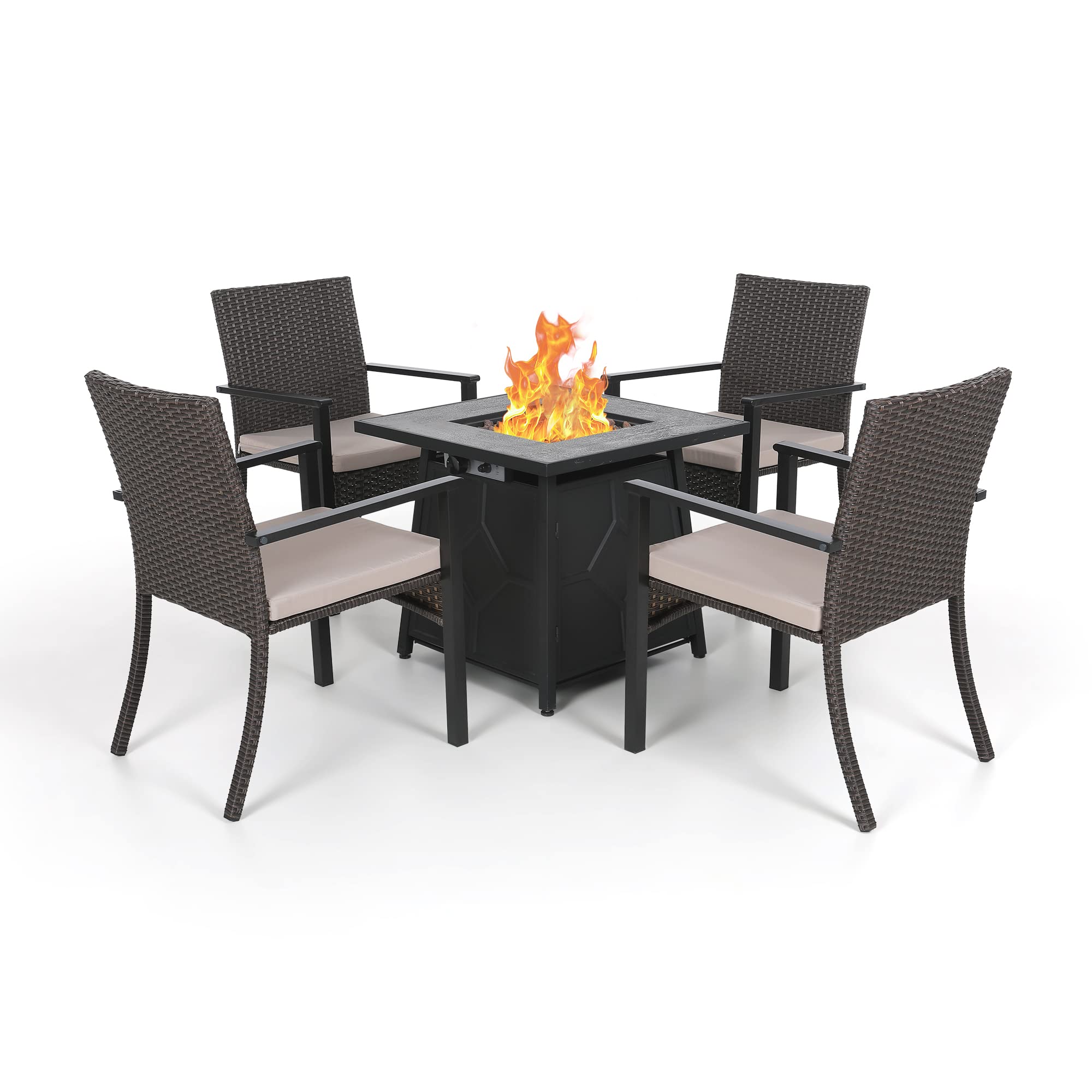 PHI VILLA 28 Inch Propane Gas Fire Pit Table Set with 4 Cushioned Wicker Chairs - 5 Piece Outdoor Patio Furniture with Volcanic Stones - Perfect for Backyard, Garden, Deck & Poolside Gatherings