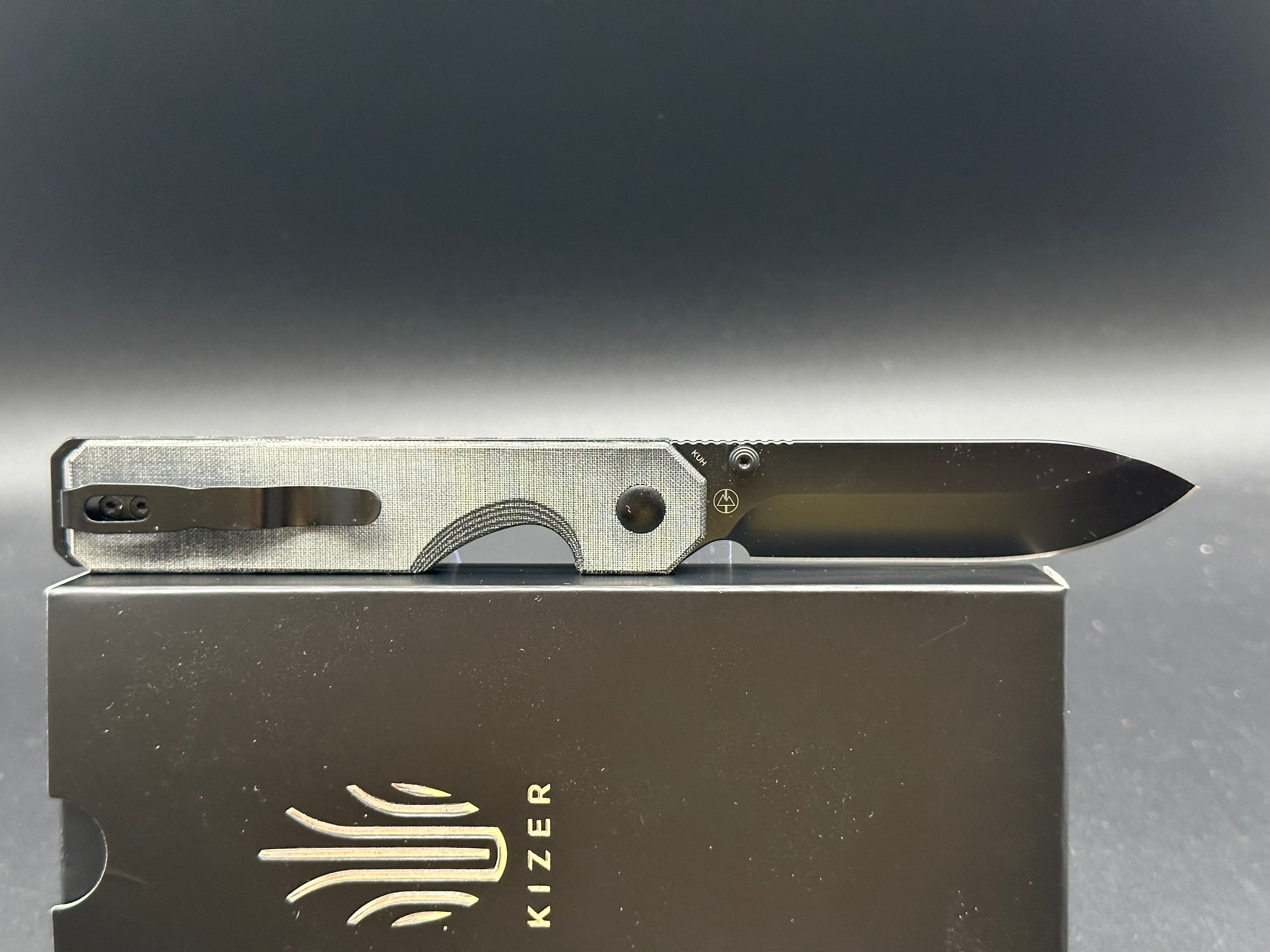 KIZER KUH Folding Pocket Knife - Black Micarta Handle, 154CM Steel Blade, Button Lock Mechanism | EDC, Outdoor, Camping, Survival Gear