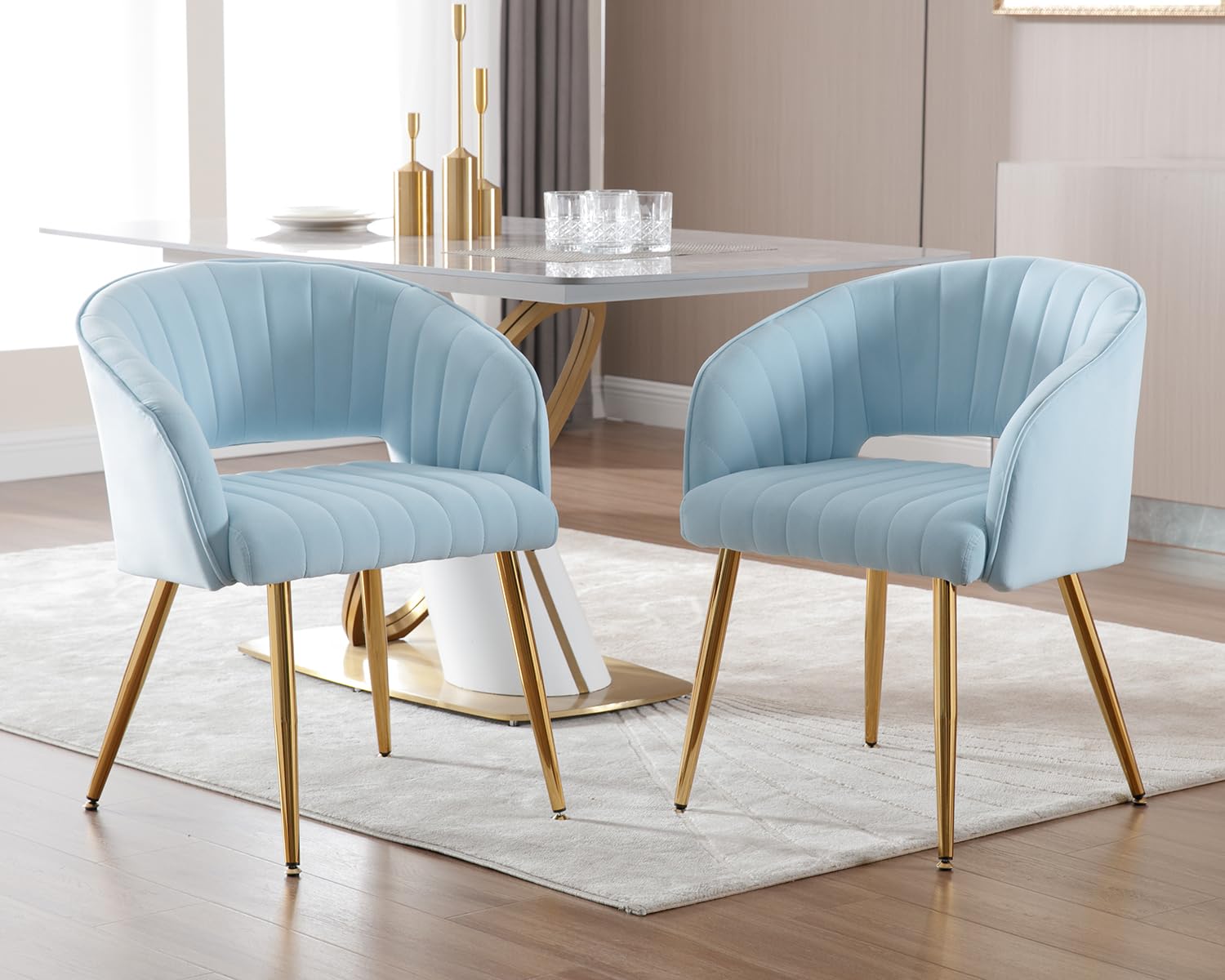 KCC Modern Velvet Desk Chair - Tufted Upholstered Accent Armchair with Gold Metal Legs for Dining Room, Living Room, Office & Restaurant | Baby Blue Velvet Side Chair for Home Decor, Vanity Dressing Table & Workspace