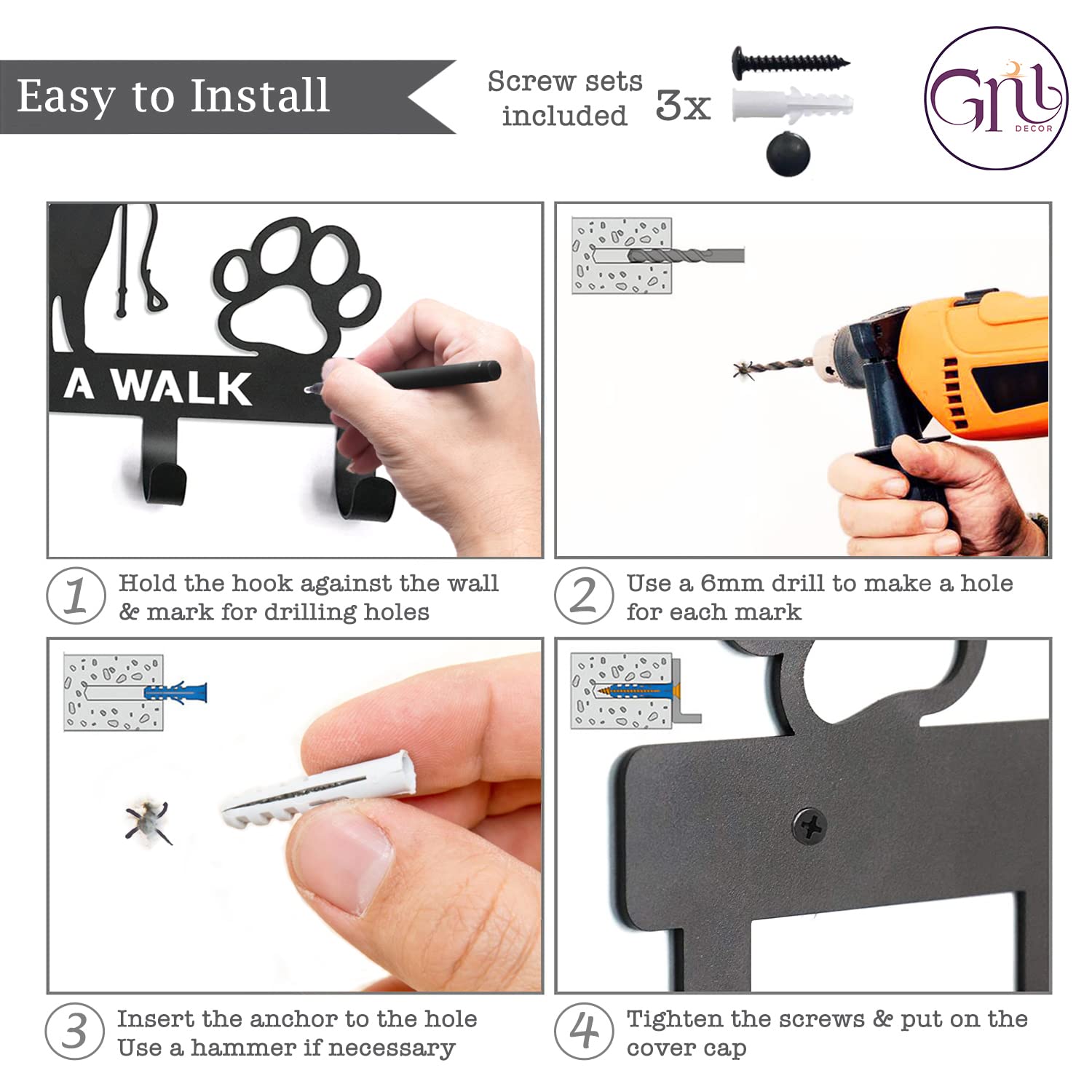 GNL Wall Mounted Dog Leash Holder & Key Rack - Durable Leash Hooks for Dog Walking Accessories - Decorative Gift for Dog Lovers & Pet Owners - Perfect for Entryway, Mudroom or Garage Organization