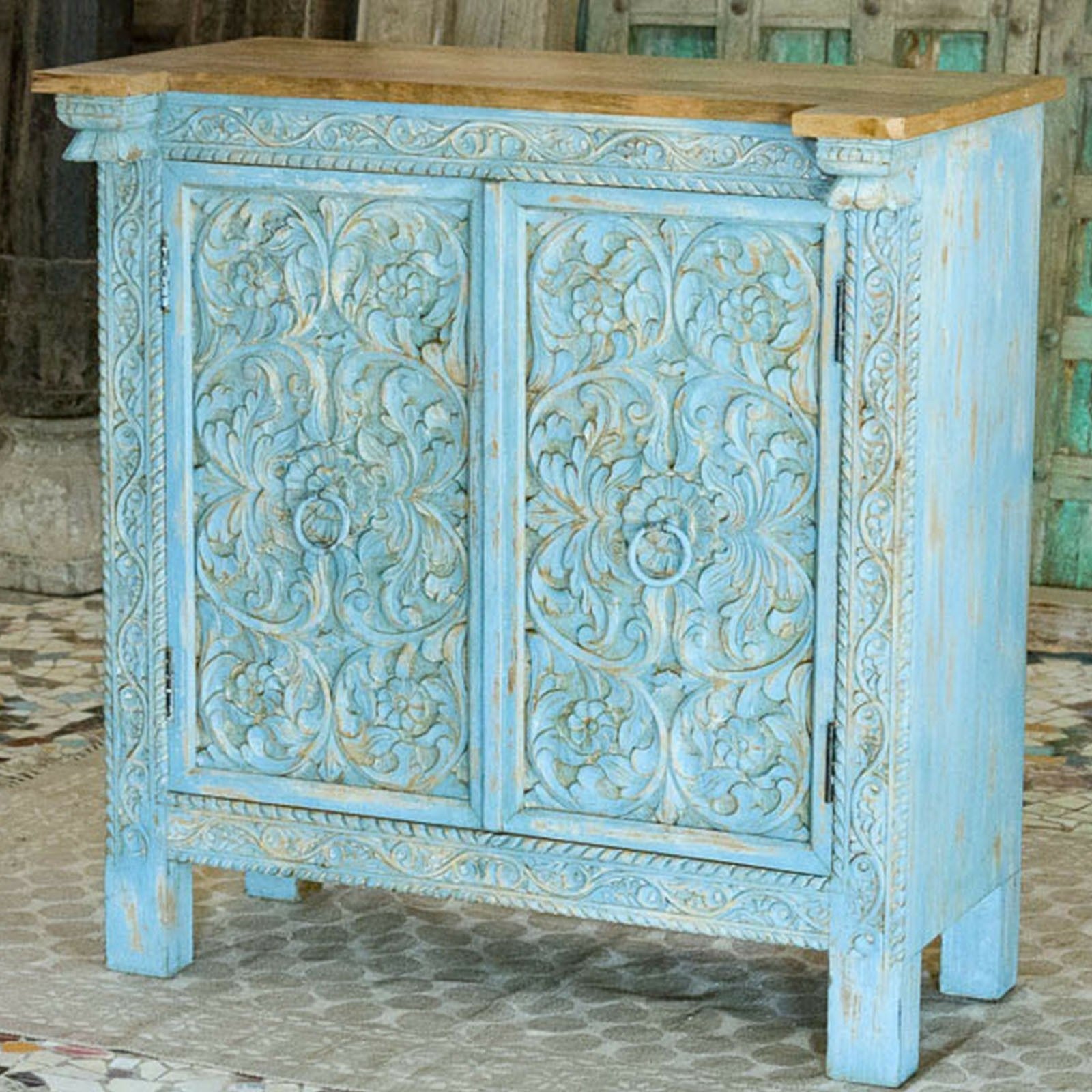 Rustic Blue Floral Carved Solid Wood Sideboard - Farmhouse Dining Room Buffet Cabinet for Home Decor & Storage