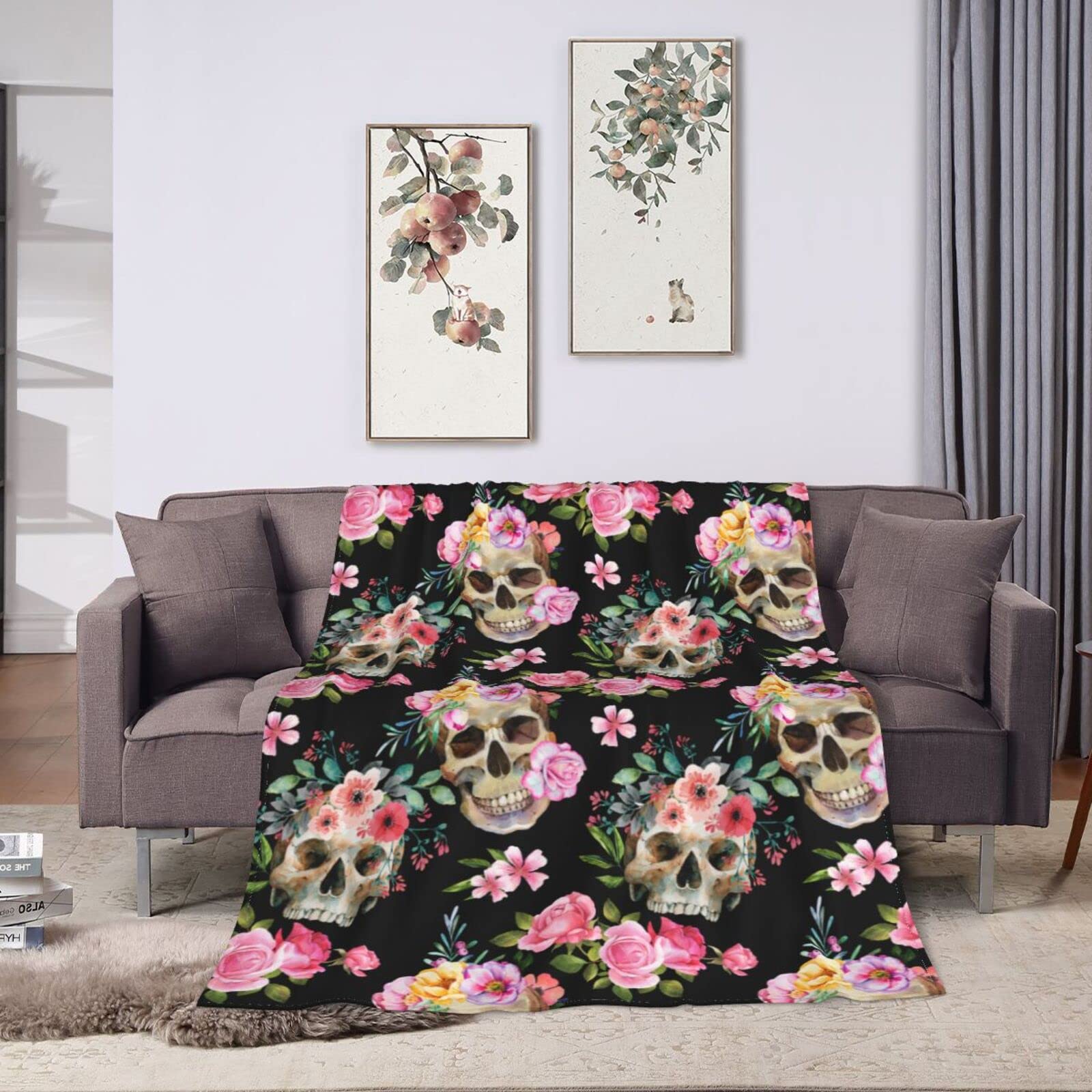 Goth Floral Skull Blanket - Ultra Soft Plush Lightweight Flannel Throw for All Seasons - 60