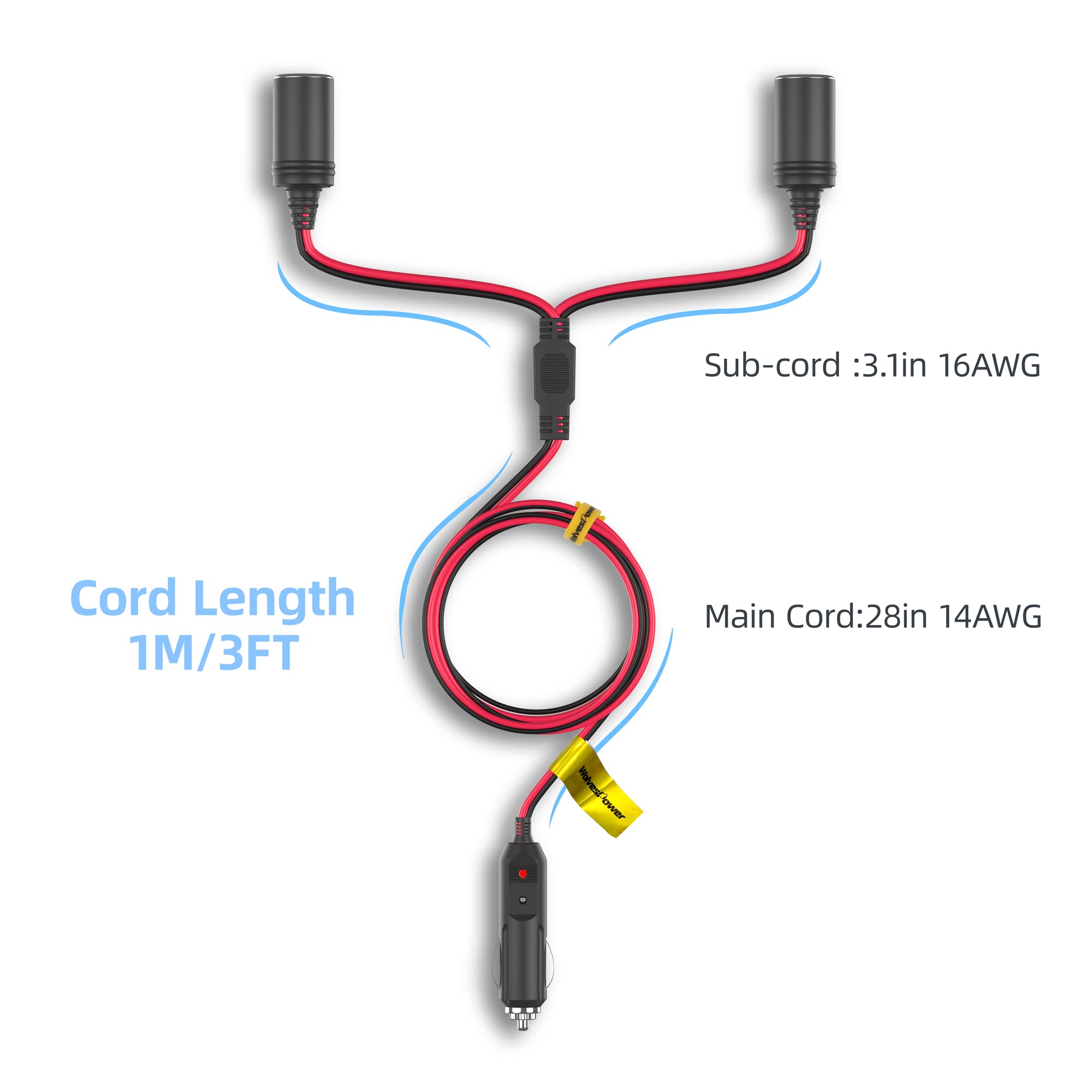WolvesPower 3FT 12V/24V Cigarette Lighter Splitter - Dual USB Car Charger Adapter with 14AWG 15A Fuse, Male to 2 Female Sockets for Truck, RV, Boat - Perfect for Charging Phones, GPS & Car Accessories On The Go