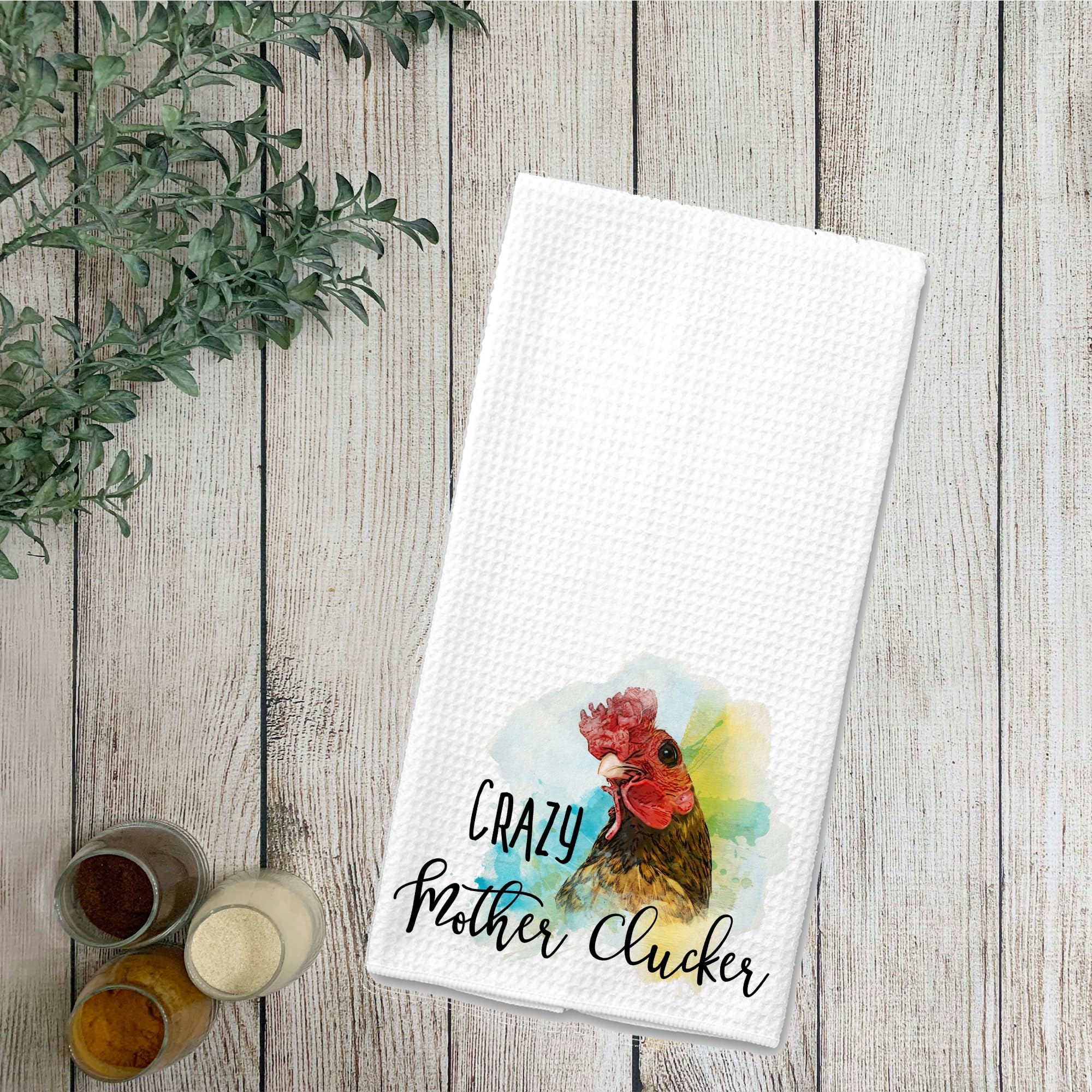 Funny Crazy Mother Clucker Rooster Chicken Design Farmhouse Kitchen Towel - Microfiber Waffle Weave Dish Towels for Drying Dishes - Perfect Farm Rustic Gift for Friends & Country Home Decor