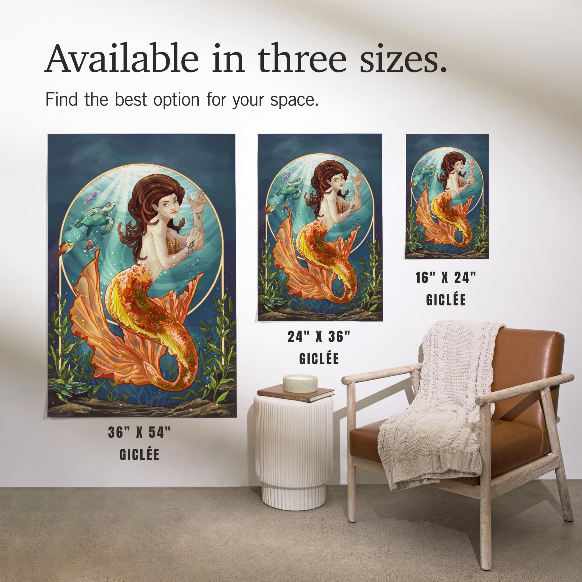 Lantern Press 16x24 Inch Giclee Art Print - Mermaid with Orange Tail Wall Decor - Premium Canvas Wall Art for Living Room, Bedroom & Office
