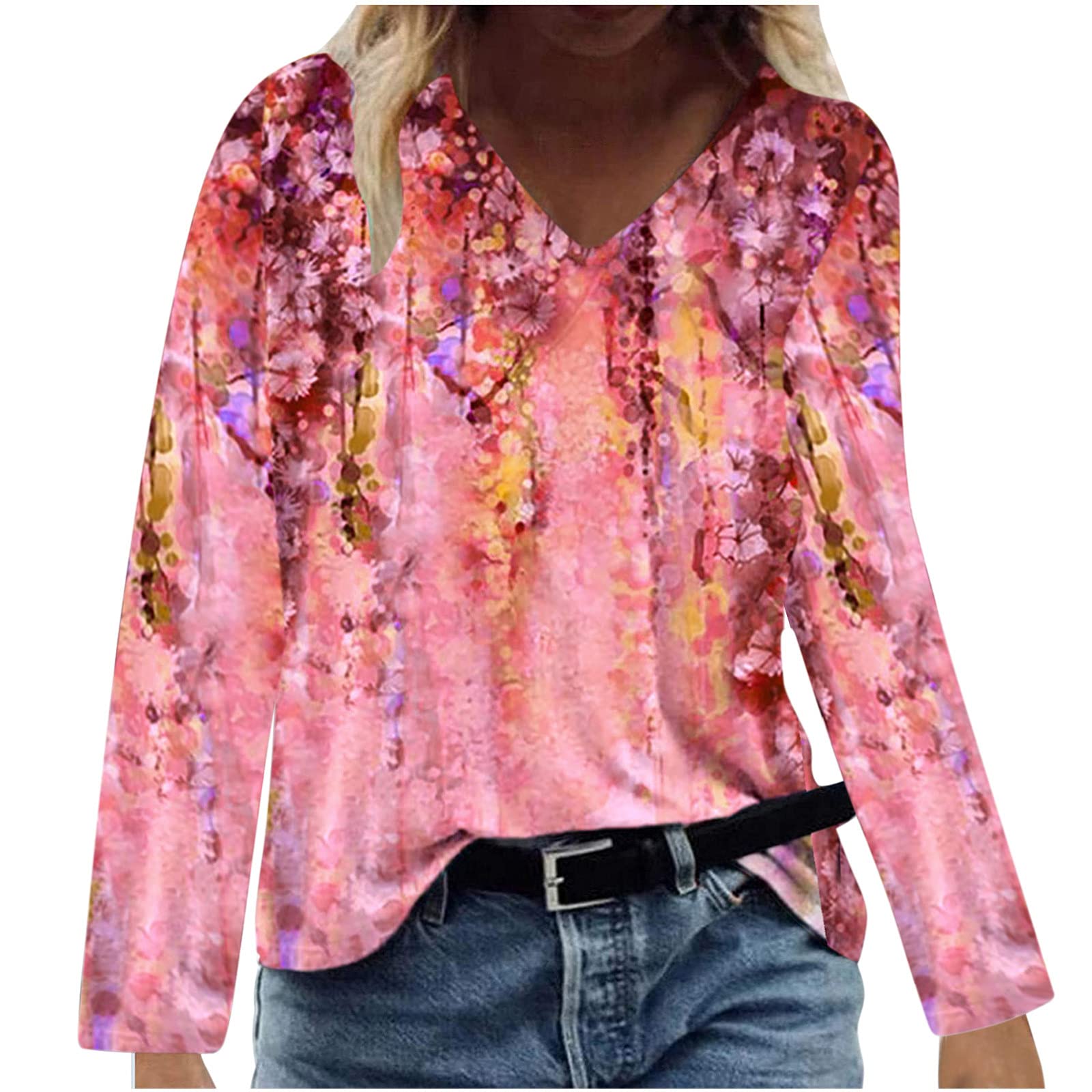 Women's Floral Print Pink Long Sleeve V-Neck Loose Blouse - Casual Flowy T-Shirt with Flower Graphic for Everyday Wear, Office, Dating & Spring Outfits