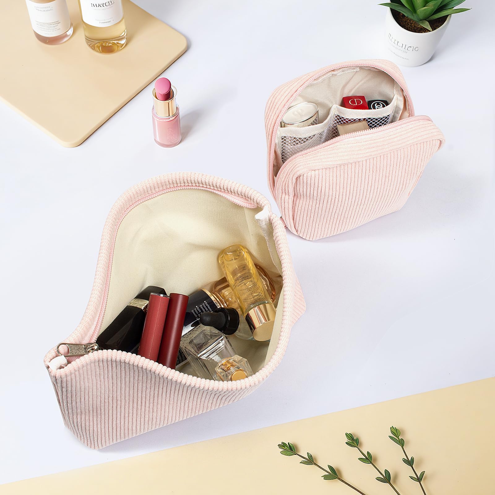 KOTORA 2-Pack Corduroy Makeup Bag Set - Preppy Travel Cosmetic Organizer with Zipper, Small Cute Makeup Pouch for Women | Perfect for Purse, Toiletry Bag & Gift Idea