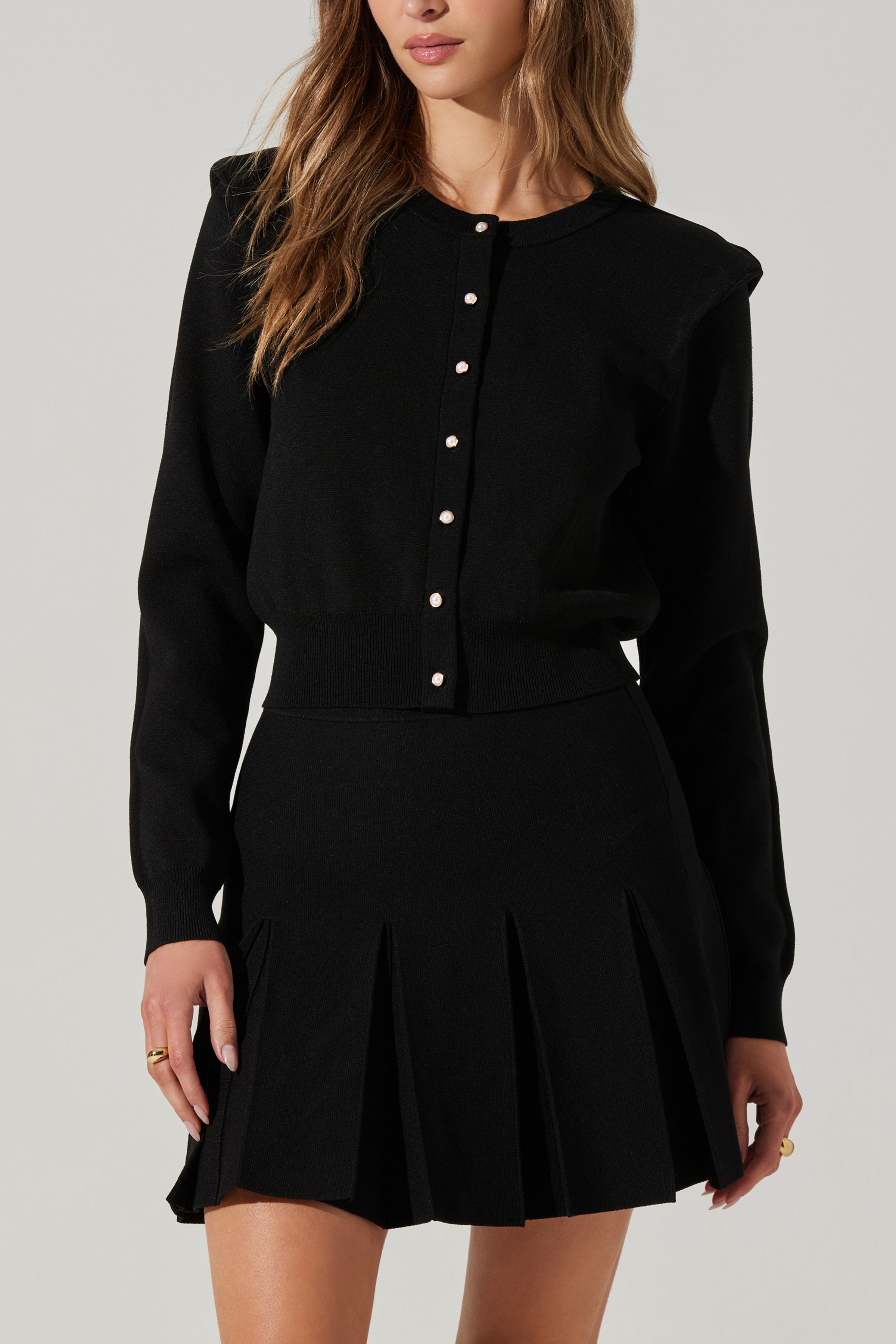 Denisa Faux Pearl Button Cardigan for Women - Black Knit Sweater | Elegant Long Sleeve Open Front Shrug | Perfect for Office, Date Night & Fall Layering