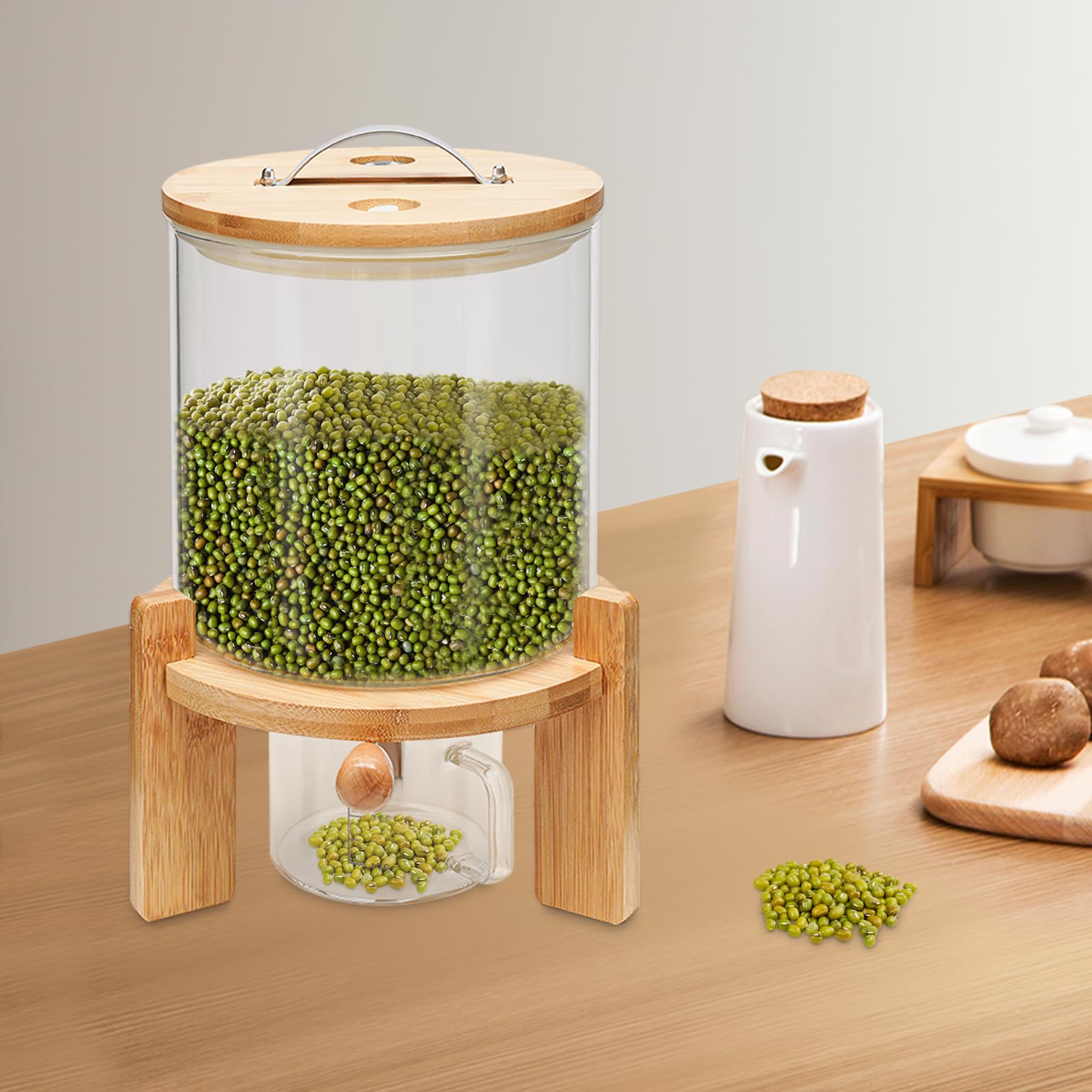 DYNAMI 5L Glass Rice Dispenser with Airtight Lid - Glass Cereal Storage Container with Bamboo Stand, Measuring Cup & Thermometer - Perfect for Kitchen Organization, Pantry Storage & Countertop Display