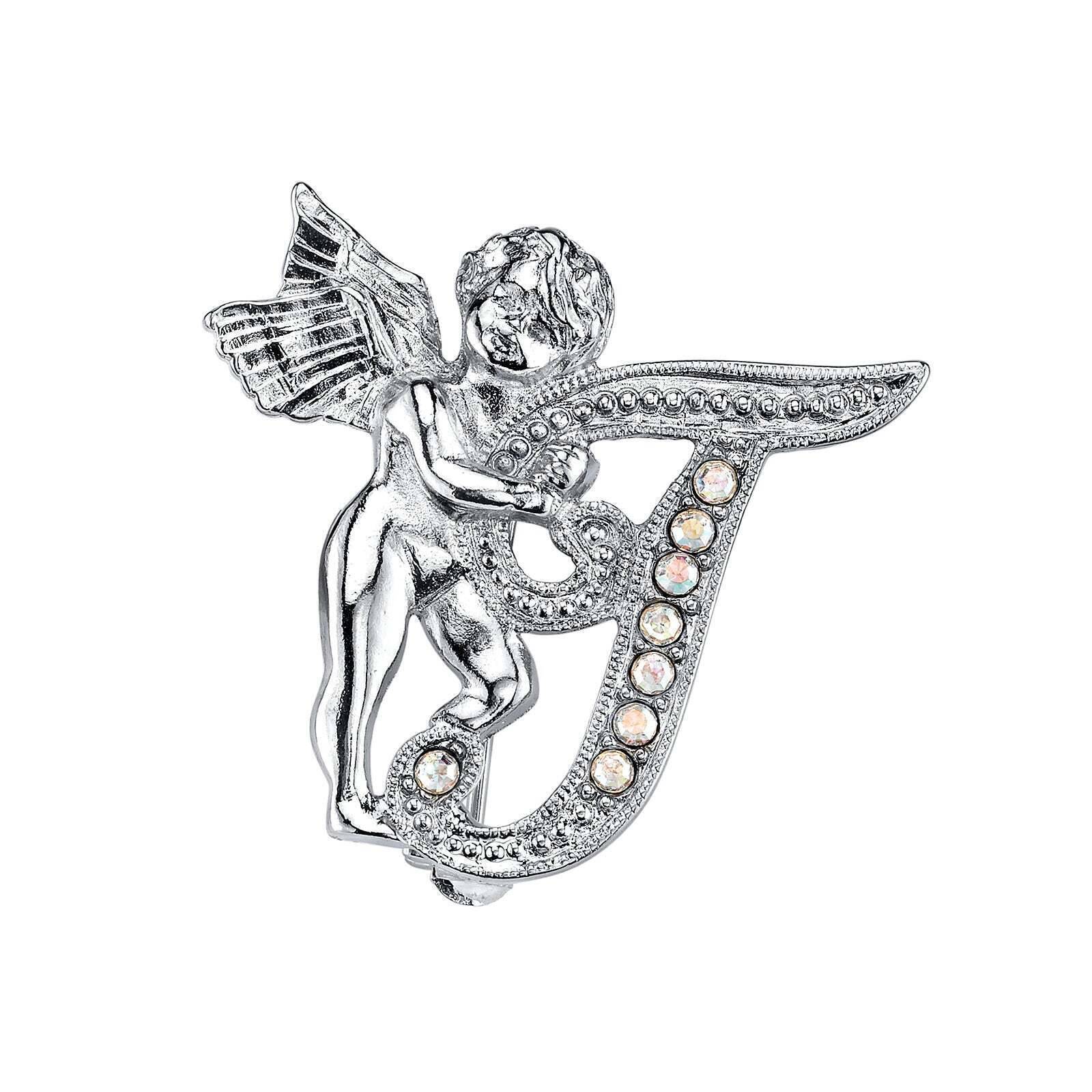 1928 Jewelry Aurore Boreale Crystal Angel Initial Pin - Elegant Personalized Initial Brooch for Women, Gift for Her, Perfect for Weddings, Anniversaries & Special Occasions
