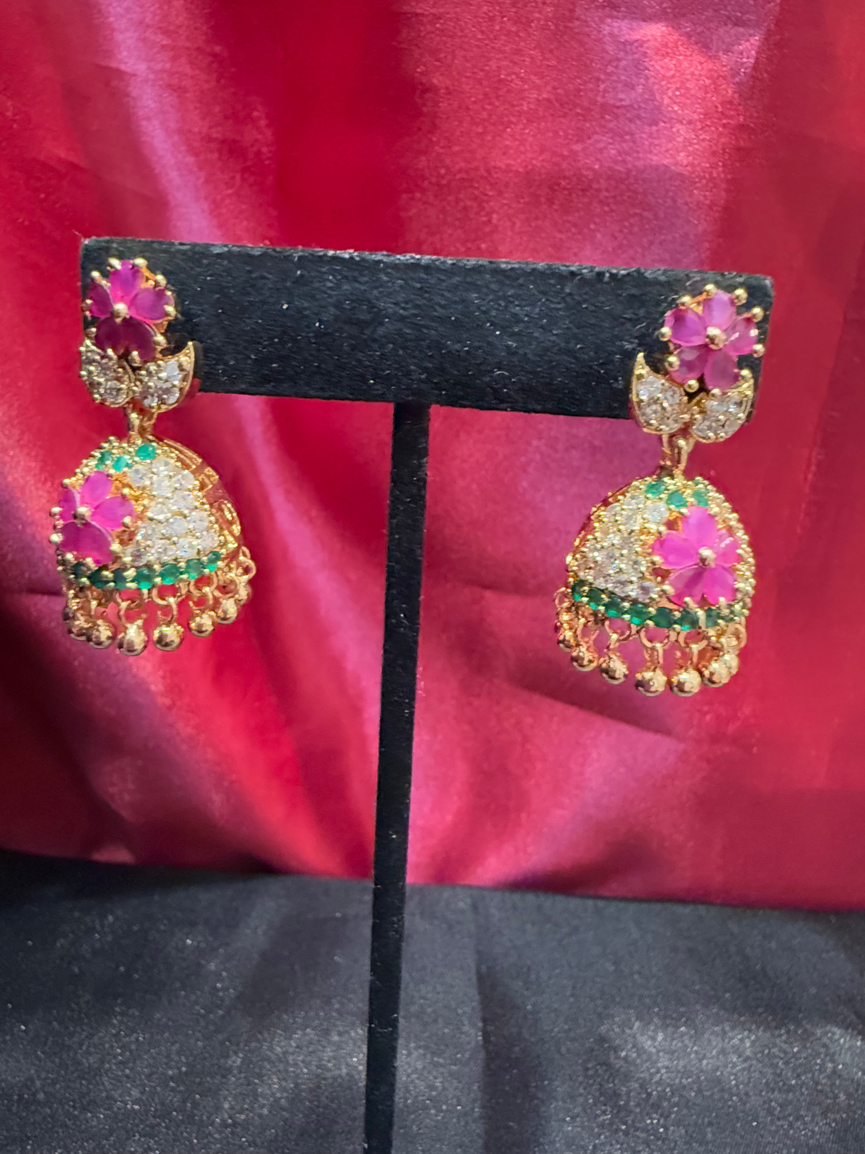 Exquisite Gold Plated Jhumka Earrings with Pink & Green Gemstones Floral Design for Women | Indian Ethnic Jewelry for Weddings, Parties & Festive Occasions