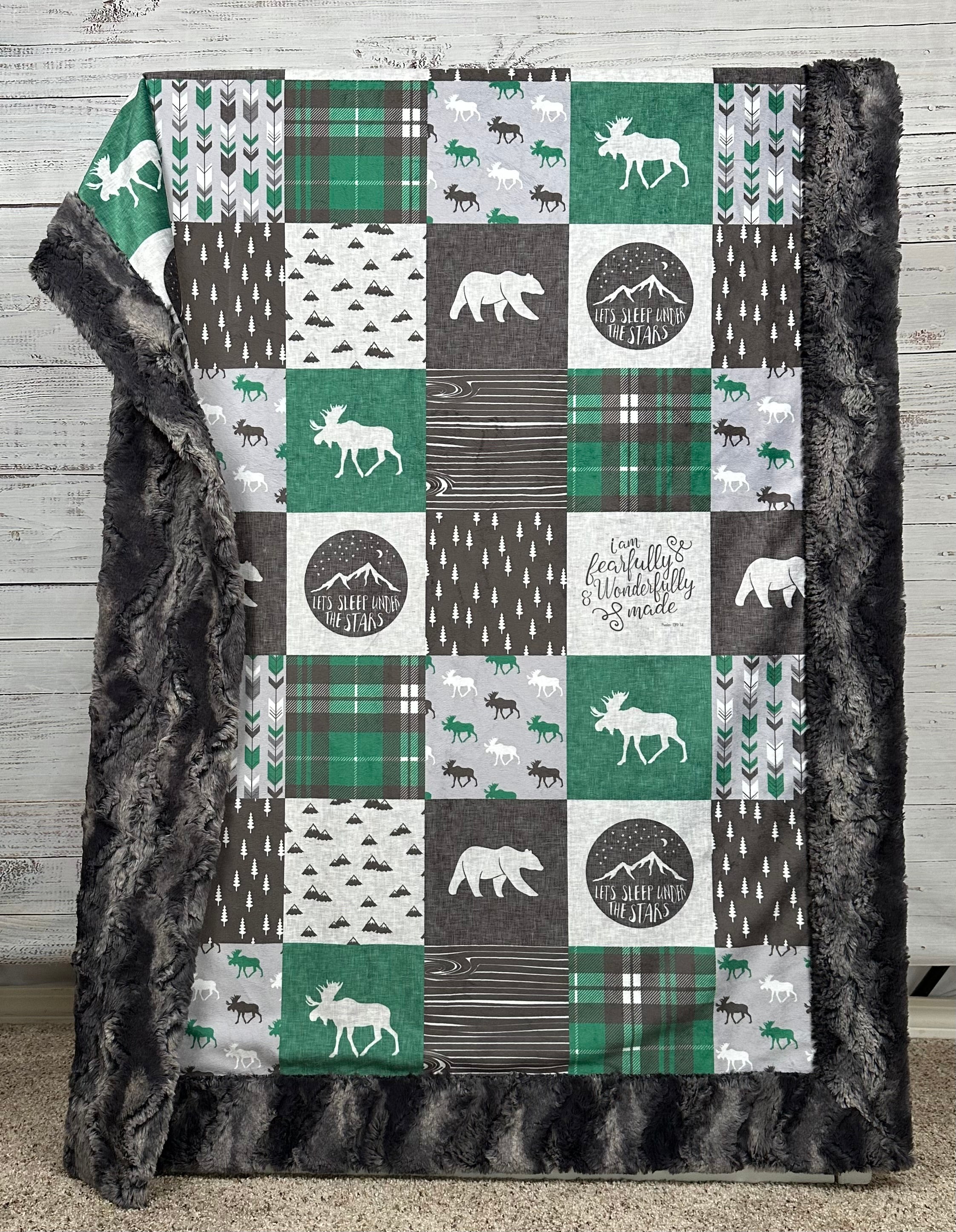 Green and Gray Patchwork Minky Blanket - 40x61 Inches Child Size with Pillowcase | Soft & Cozy for Bedtime, Nursery, Stargazing | Nine Iron Luxe Collection