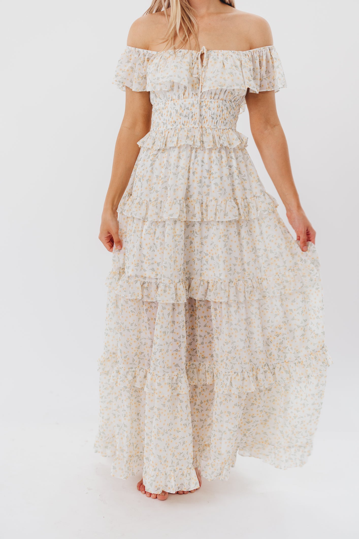 Astrid Ruffle Detail Maxi Dress - Yellow Floral Maternity Dress for Pregnancy | Bump Friendly, Comfortable & Stylish for Baby Showers, Maternity Photos & Summer Occasions