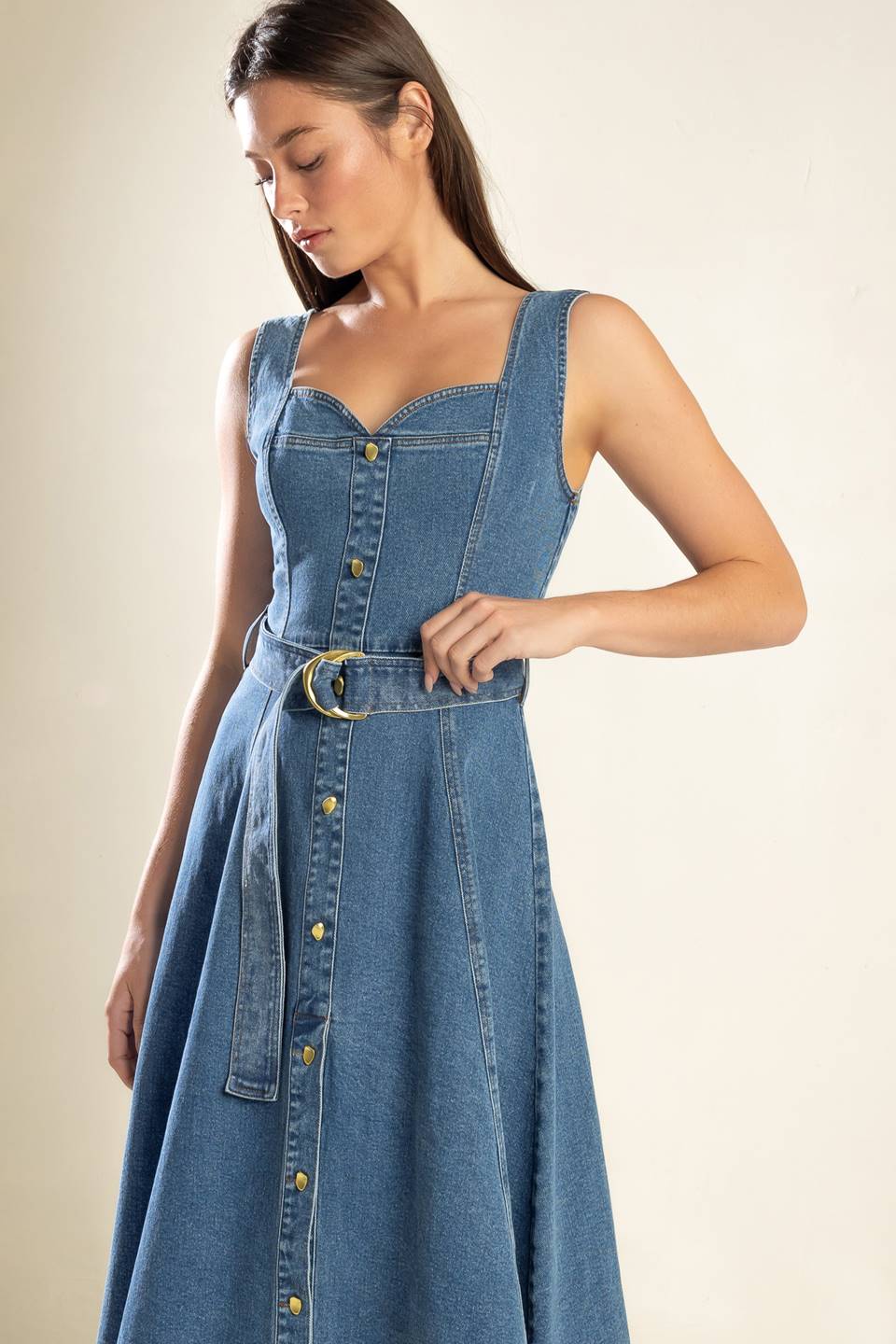 FRIDAY FEELS Sweetheart Denim Midi Dress - Women's Vintage Inspired Blue Jean Dress for Date Night & Casual Outings