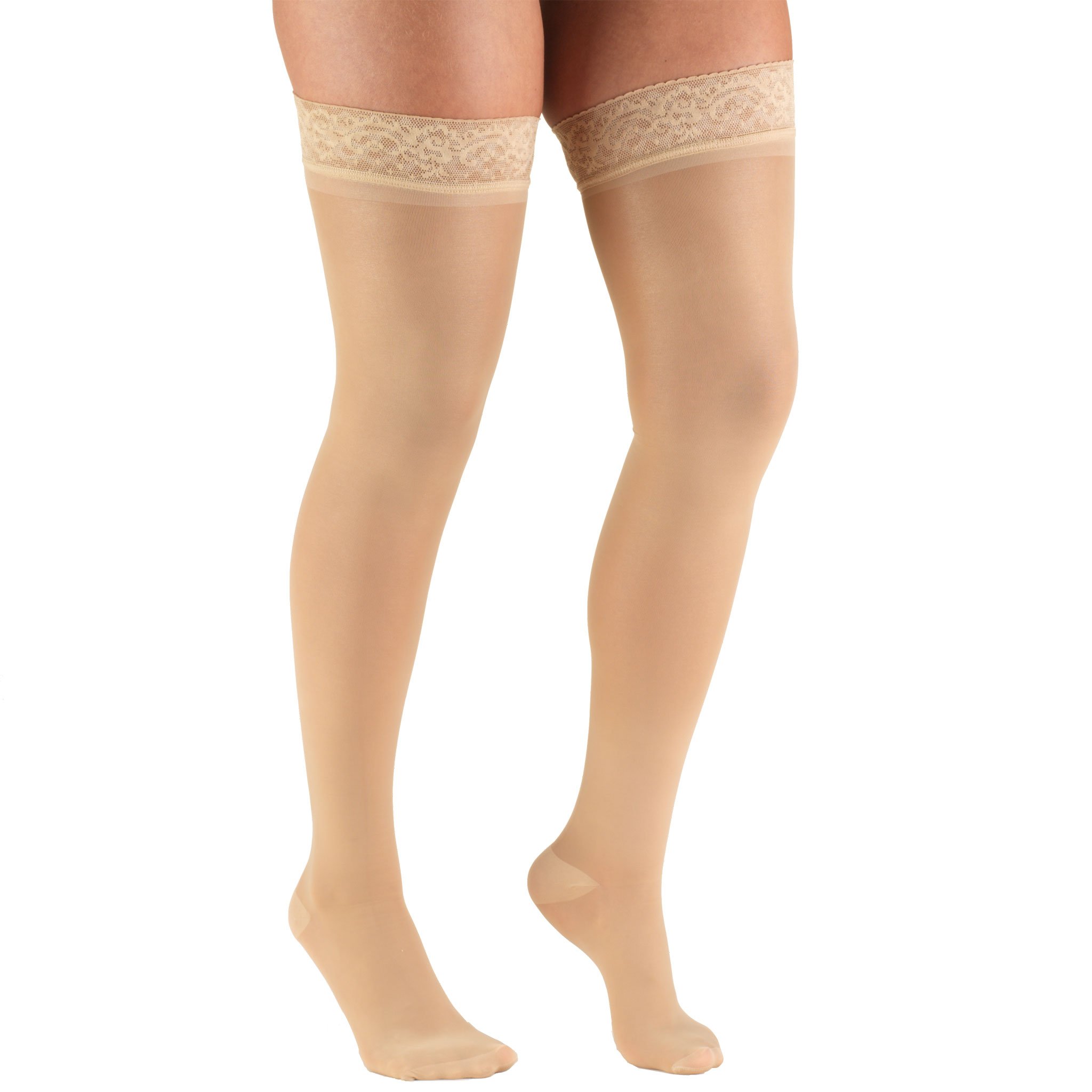 Truform Sheer Compression Stockings 20-30 mmHg - Women's Thigh High Support Stockings, 30 Denier Beige, Medium Size | Perfect for Varicose Veins Relief, Travel & Nursing Comfort