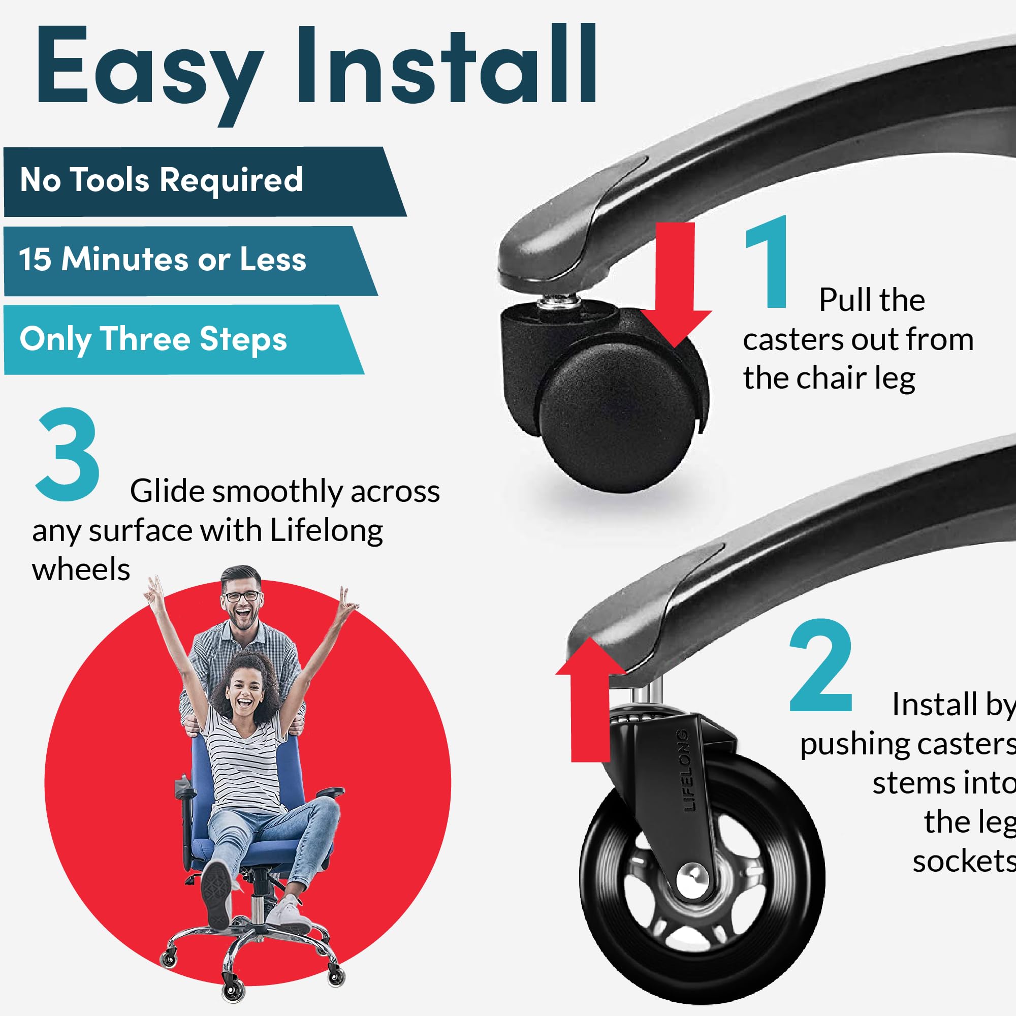 Lifelong Heavy Duty Office Chair Wheels Replacement - 5 Pack Universal Rubber Casters for Hardwood Floors & Carpets | Durable Desk Chair Rollers to Replace Chair Mats | Perfect for Home Office, Gaming & Workspace Use