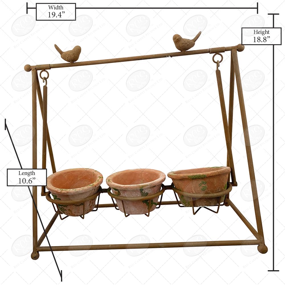 Rustic Metal & Terracotta 3-Tier Plant Stand - 19x18 Inch Indoor/Outdoor Flower Pot Holder - Red Carpet Studios Swing Style - Perfect for Patio, Garden, Balcony & Home Decor