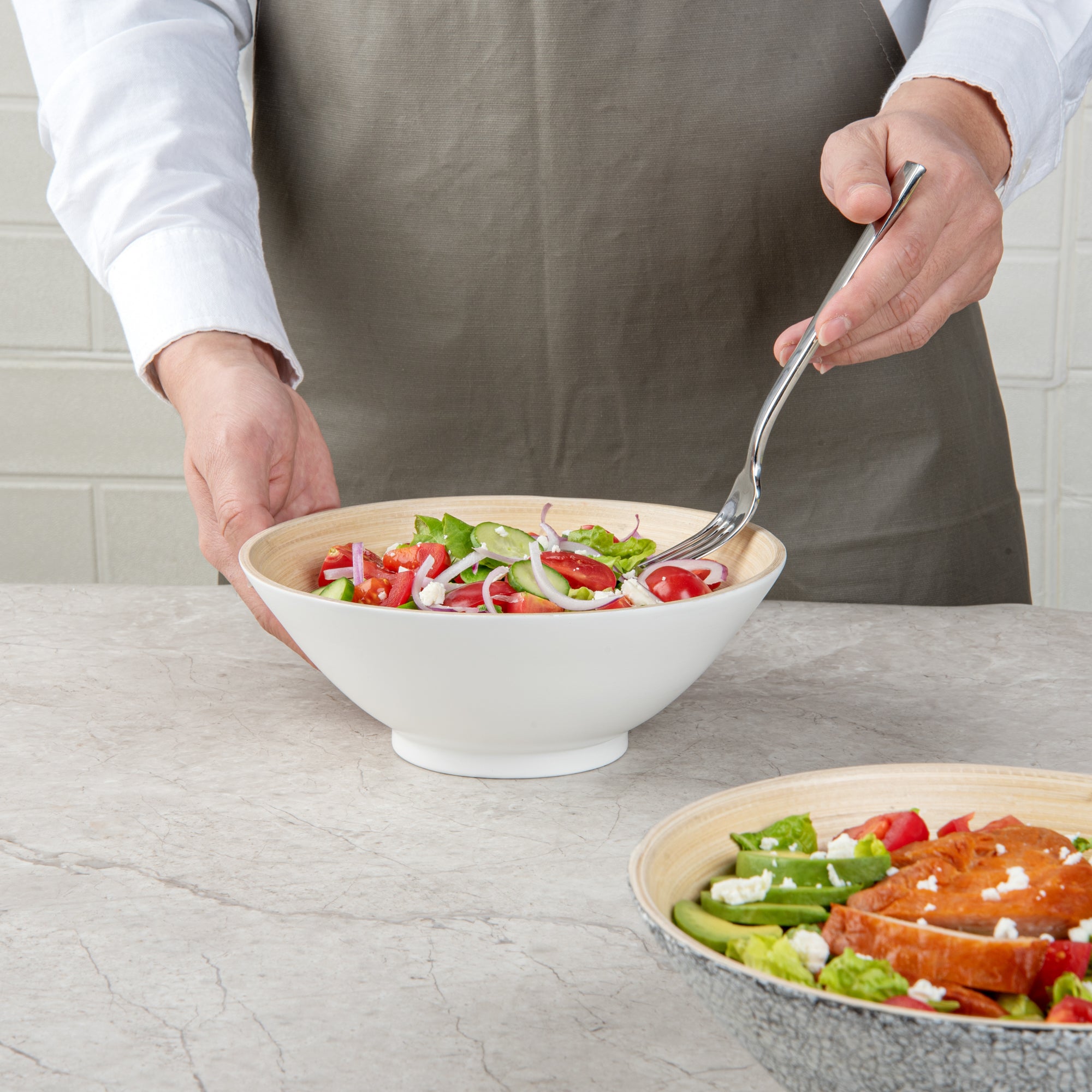 Bambuddha 29 oz Round White Spun Bamboo Serving Bowl - 8.25