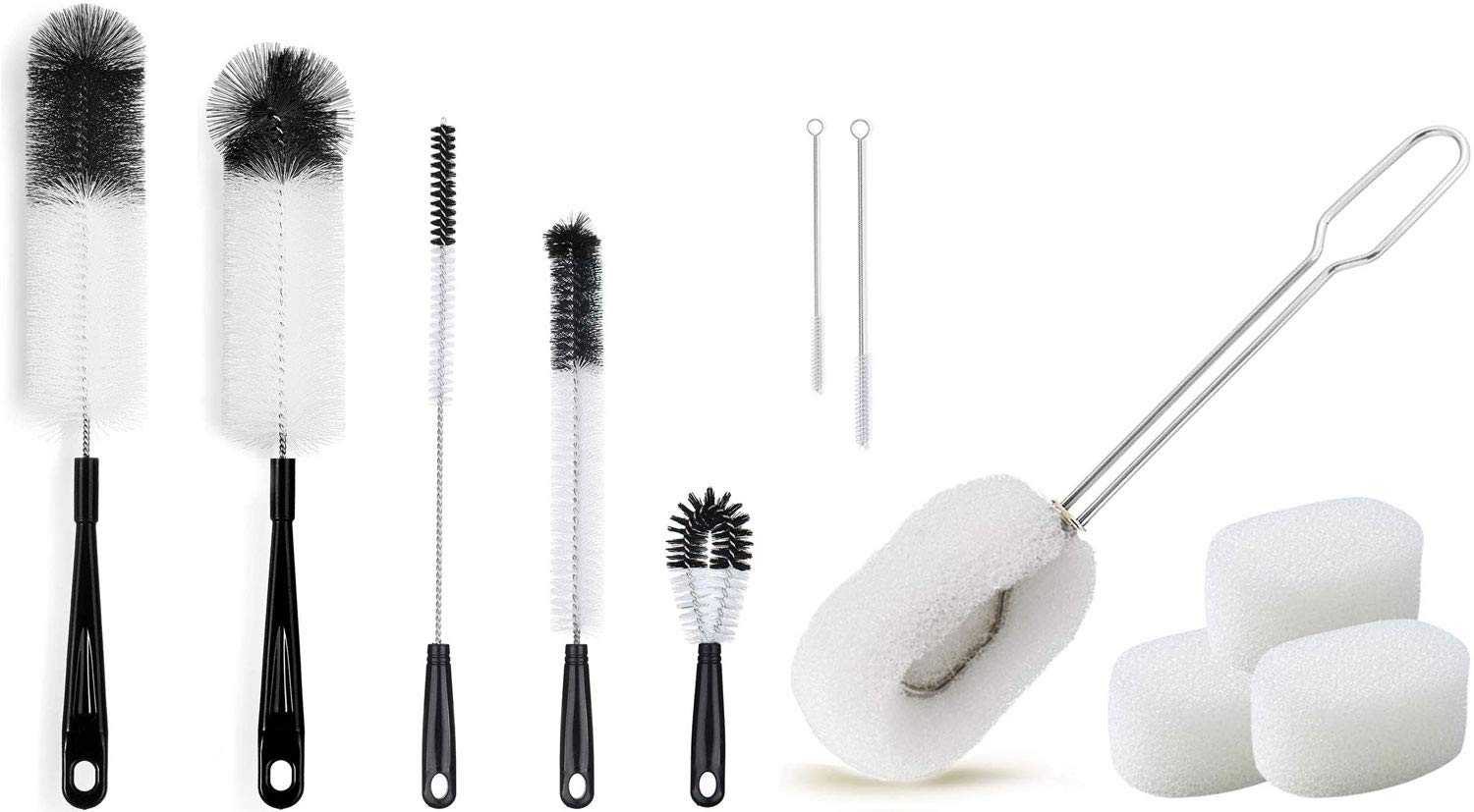 ALINK 5-Pack Black Bottle Brush Set with 6-Pack Sponge Dish Brush - Heavy Duty Cleaning Brushes for Water Bottles, Mugs & Kitchenware - Perfect for Home, Office & Camping Use
