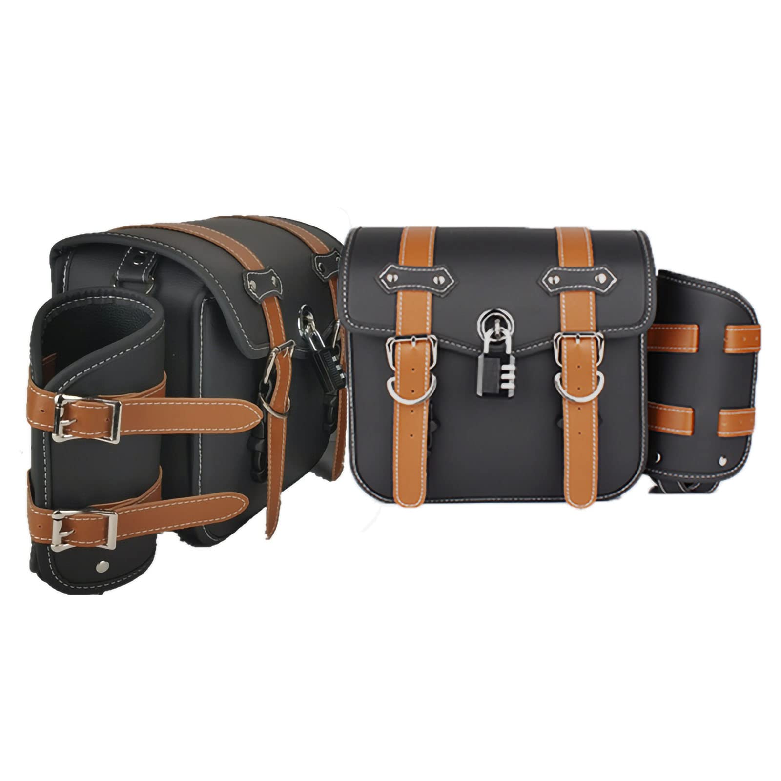 FRIKE Waterproof Motorcycle Saddle Bags - PU Leather Universal Side Bags with Bottle Holder for Travel & Storage | Durable Motorbike Luggage & Tool Organizer (Black) - Perfect for Road Trips, Commuting & Adventure Riding