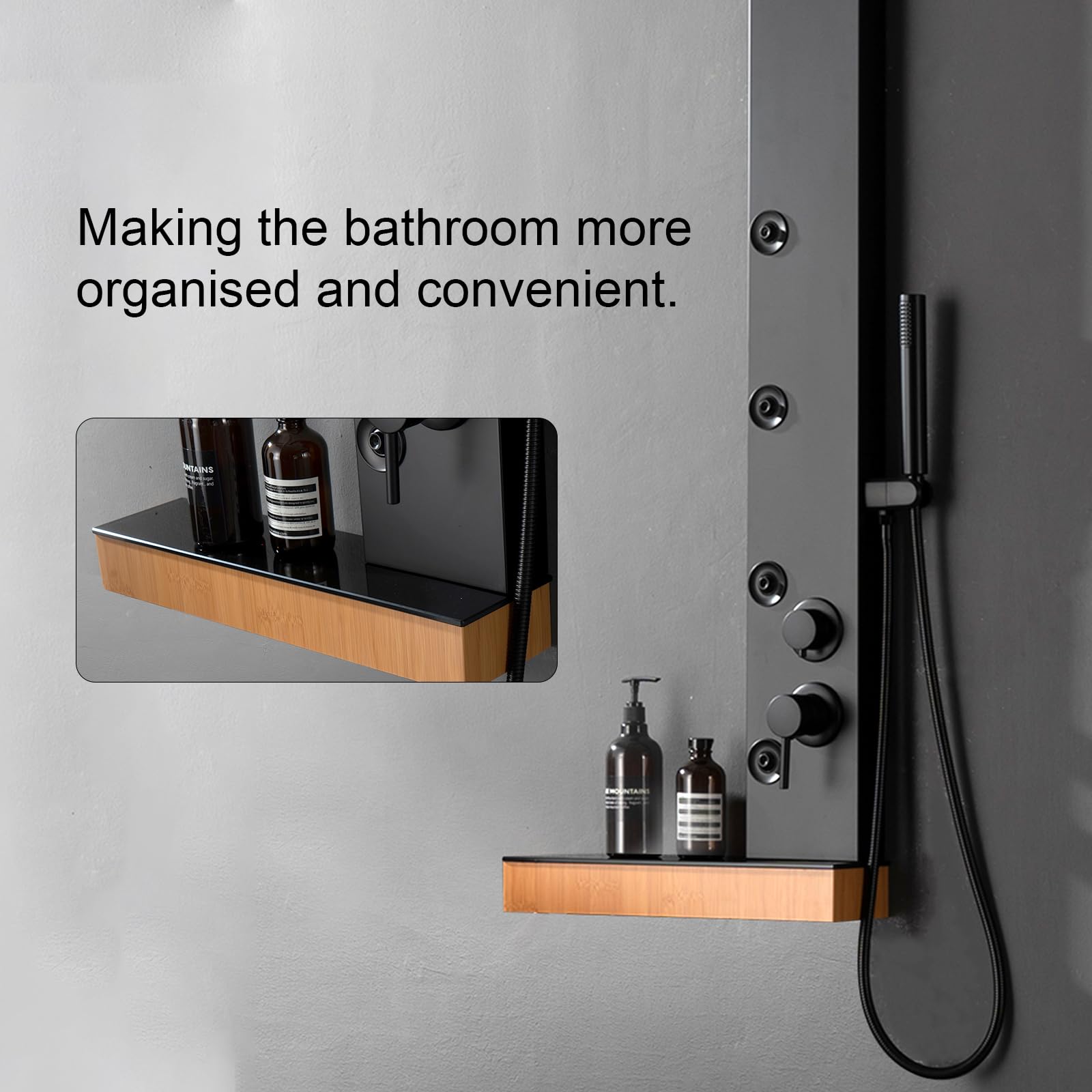 5-in-1 Stainless Steel Shower Panel System with Rainfall Shower Head, Waterfall & Body Jets - Matte Black Bathroom Fixture with Storage Shelf | Perfect for Spa-Like Experience & Modern Bathroom Upgrade