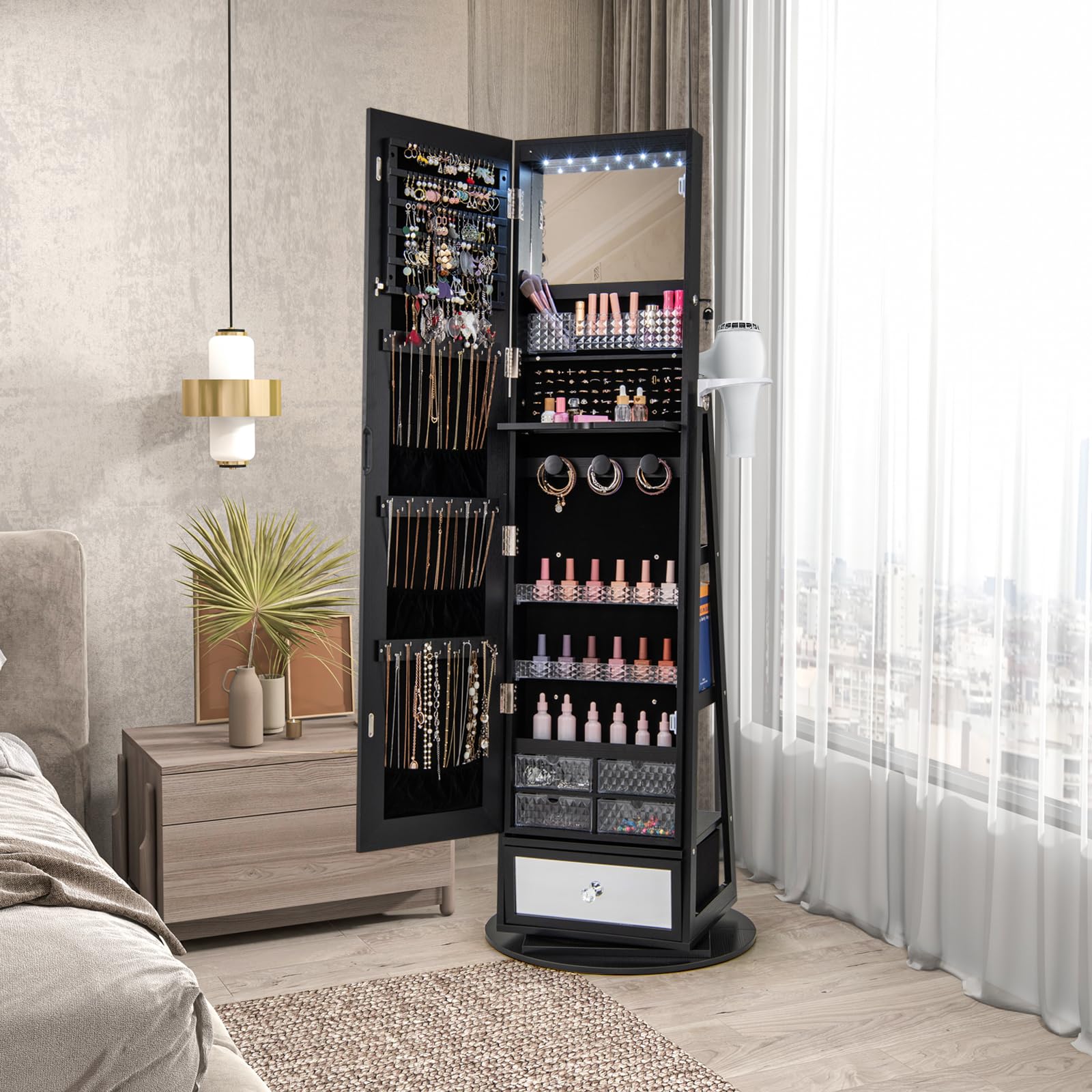 CHARMAID 360° Swivel Jewelry Cabinet Armoire with Full Length Mirror - 64.5