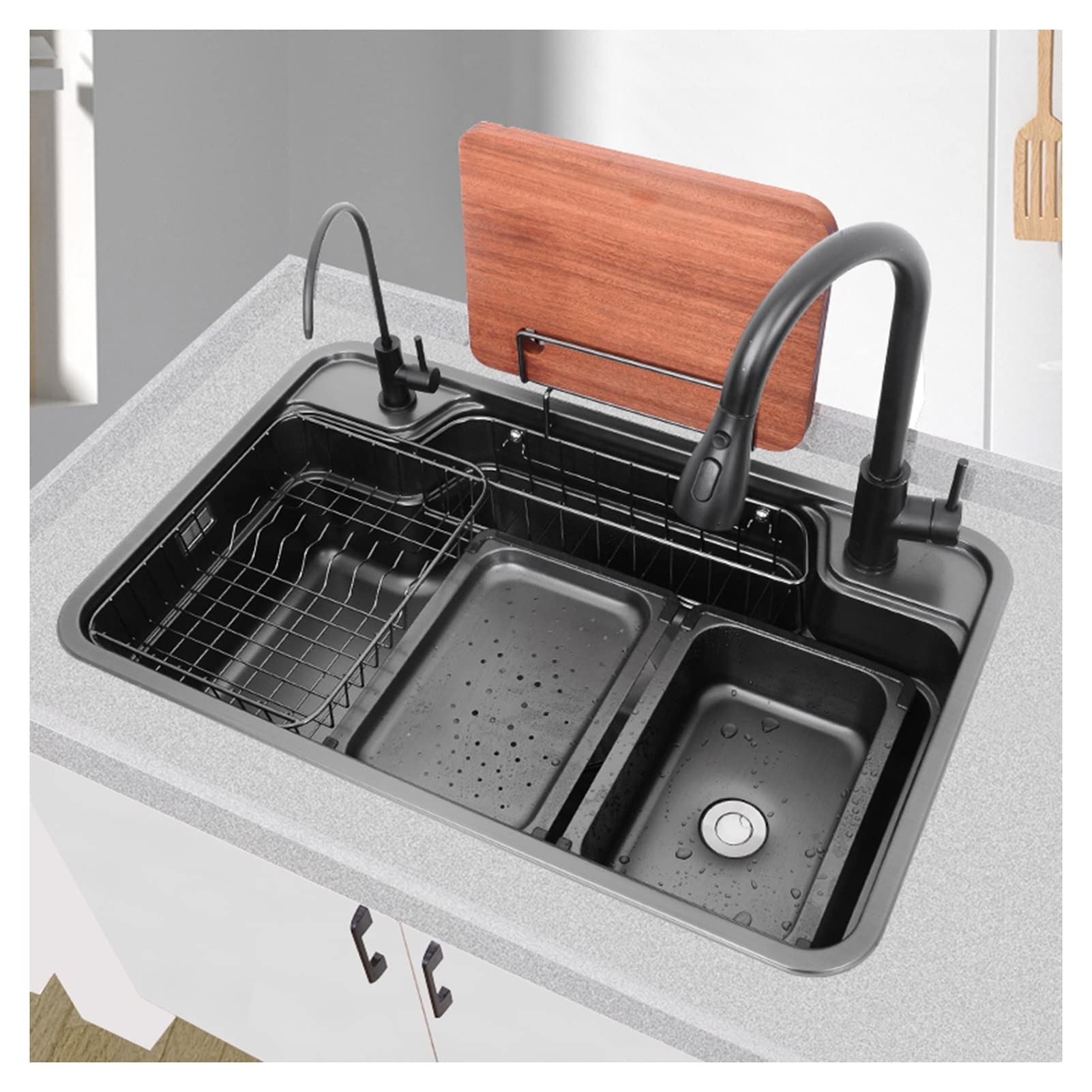 WooDeY Luxury Single Bowl Stainless Steel Kitchen Sink with Pull-Out Faucet, Drain Basket, and Workstation - Ideal for Kitchen, Yard, Office, and Bar Use