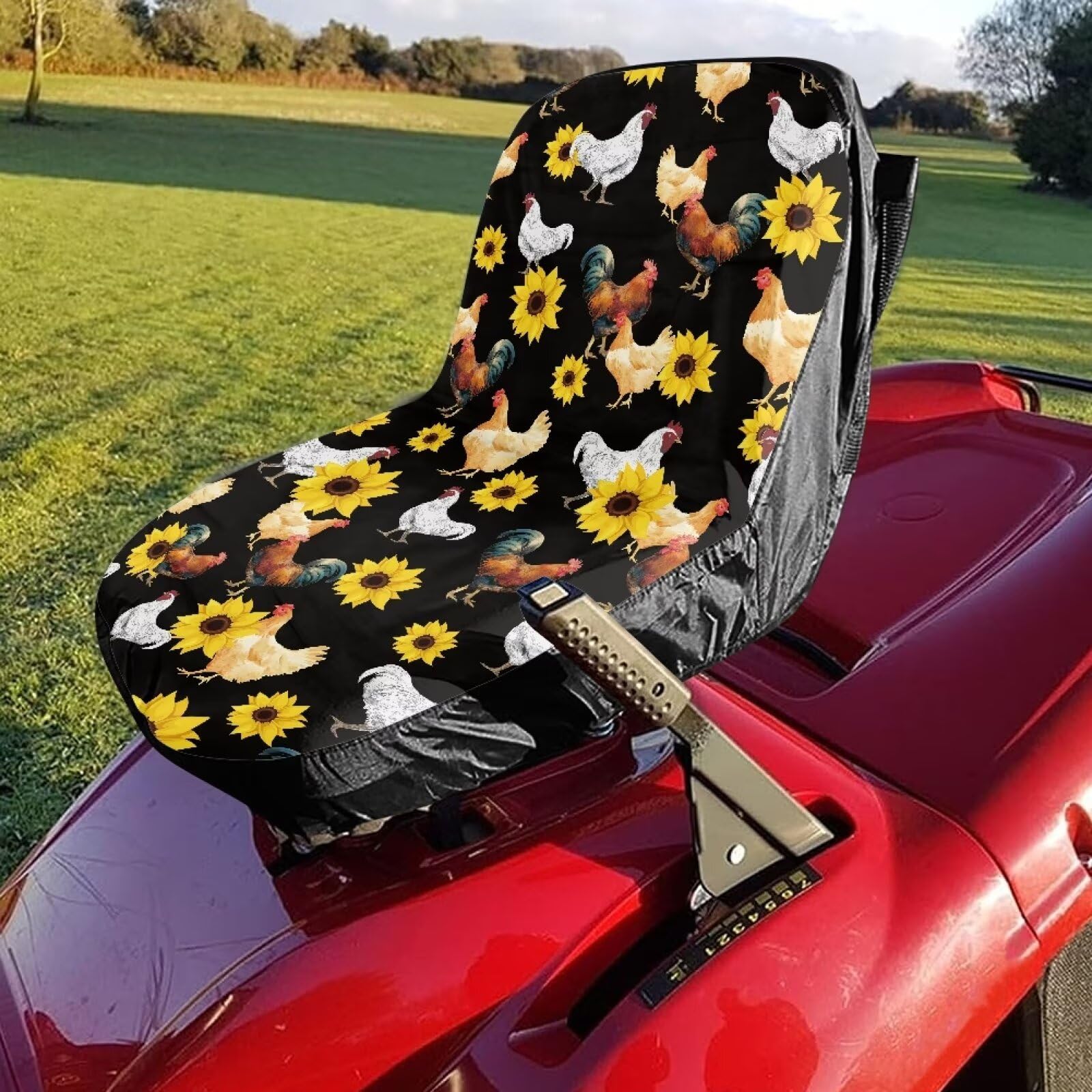 Sunflower Rooster Printed Tractor Seat Covers - Durable Polyester Canvas Cushion for Riding Lawn Mowers 28.35 x 14.96 Inches (72cm x 38cm) - Perfect for Farm Equipment, Garden Tractors & Outdoor Machinery Comfort