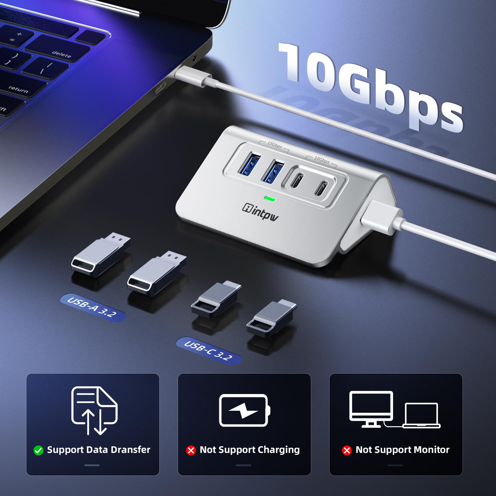 4-in-1 USB C Hub with 10Gbps Data Transfer - 2x USB C 3.2 & 2x USB A 3.2 Ports - Aluminum USB Splitter with 3.3ft Cable for MacBook, Windows Laptop, PC - Perfect for Flash Drives, Printers, Cameras, Keyboards & Mouse