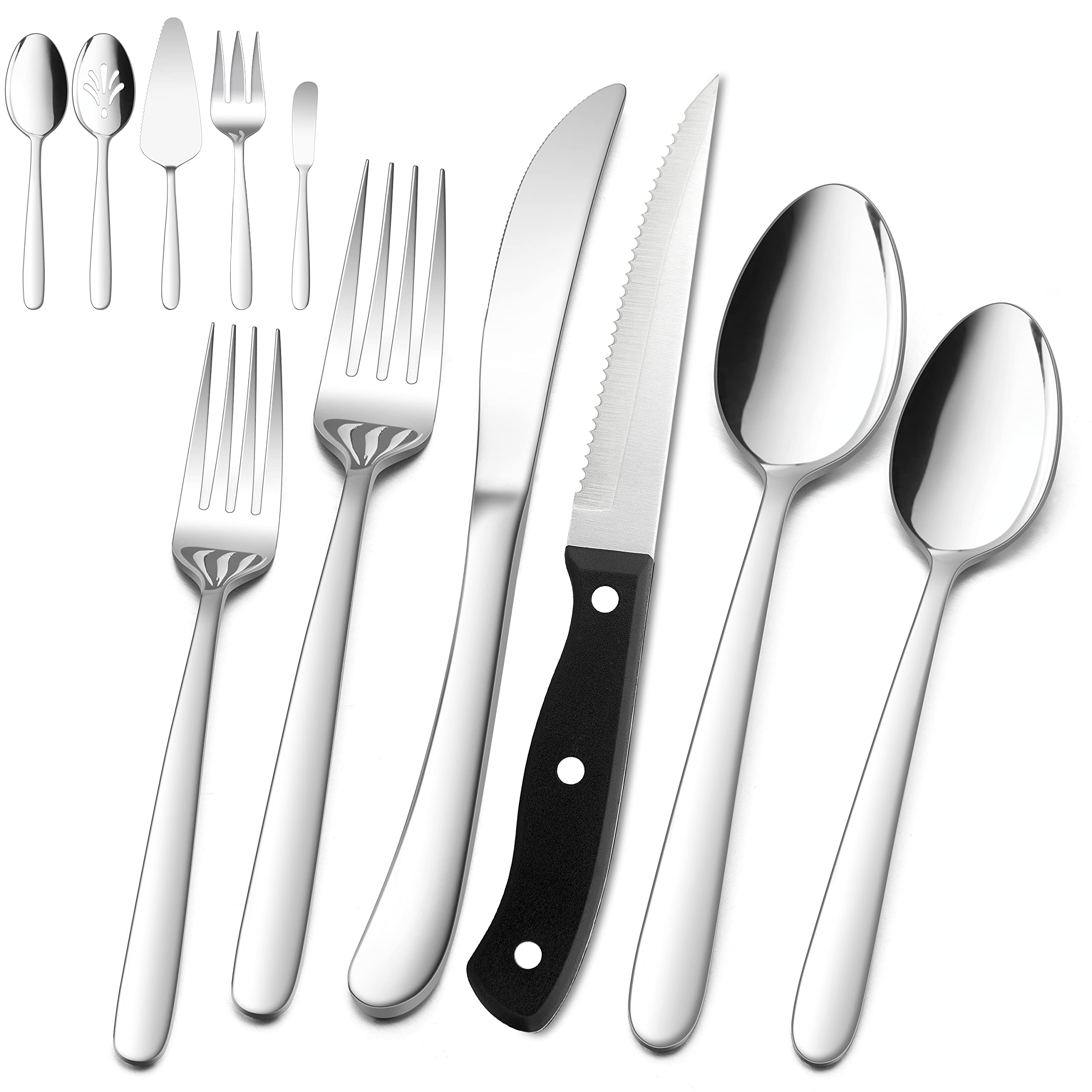 Premium 53-Piece Stainless Steel Flatware Set for 8 - Heavy Duty Silverware with Steak Knives & Serving Utensils, Mirror Finish & Dishwasher Safe - Perfect for Dinner Parties, Restaurants, and Everyday Dining