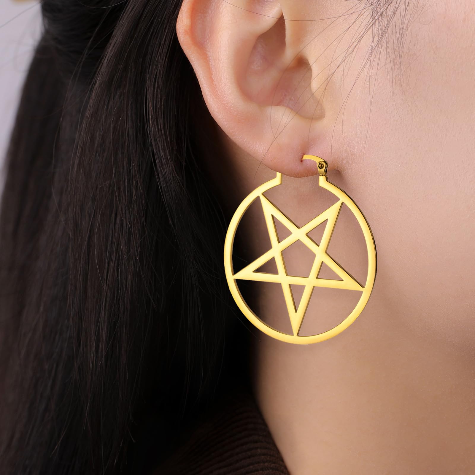 LIKGREAT Large Pentagram Earrings for Women - Gothic Pentacle Buckle Hoop Earrings - Wiccan Pagan Jewelry - Perfect for Halloween Parties, Witchy Outfits & Boho Fashion