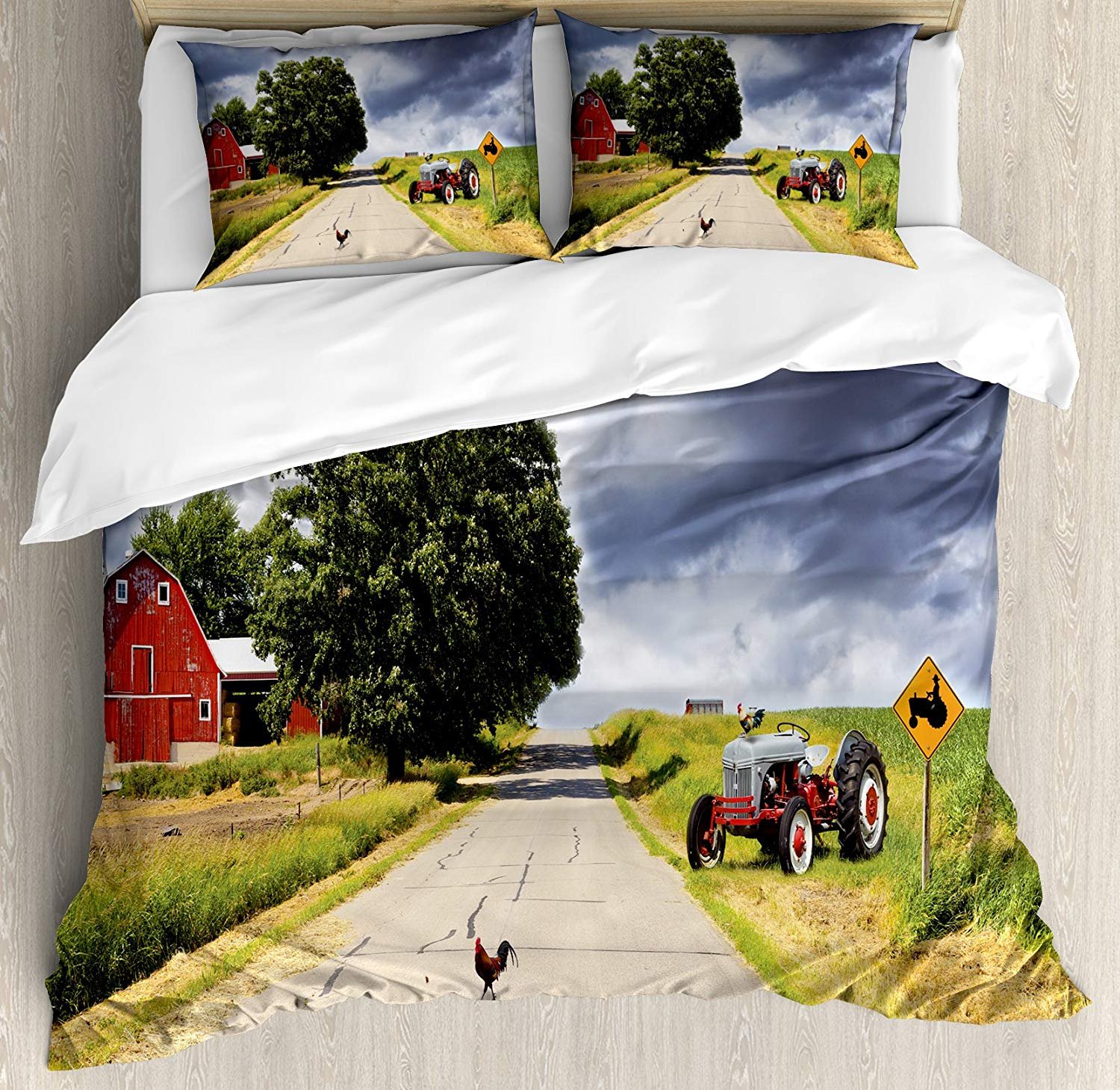 Farmhouse Country Road Quilt Bedding Set - 3 Piece Duvet Cover with Barn & Tractor Design, King Size, Multicolor for Kids, Teens & Adults - Perfect for Cozy Farmhouse Bedrooms & Rustic Home Decor