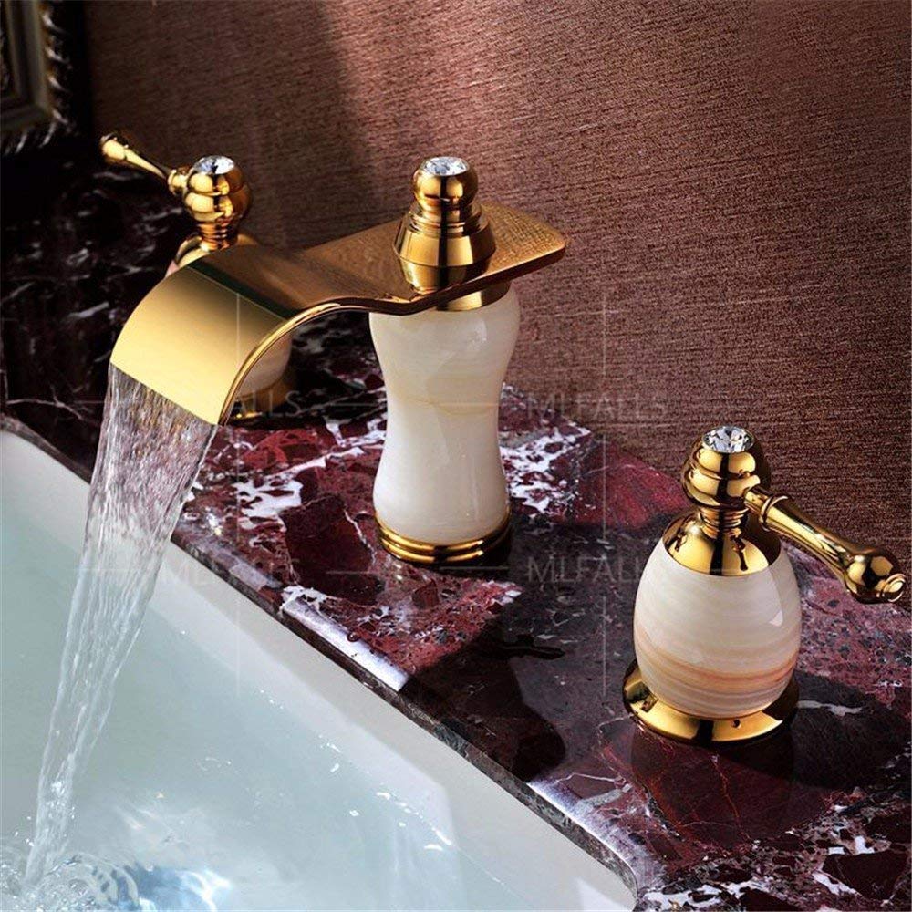 Premium Titanium Plated Dual Handle European Style Bathroom Faucet - Jade Marble Cross Tap for Sink, Vanity & Bath | Modern Waterfall Spout Design for Master Bathroom, Guest Bath & Powder Room