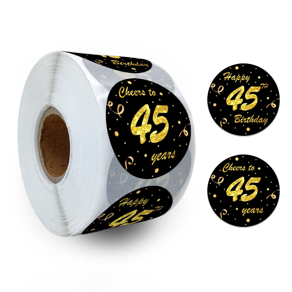 Black Gold 45th Birthday Stickers - 500 Cheers to 45 Years Round Labels for Party Favors, Anniversary Decorations & Cake Toppers - Adhesive Celebration Stickers for Birthdays, Milestones & Special Events