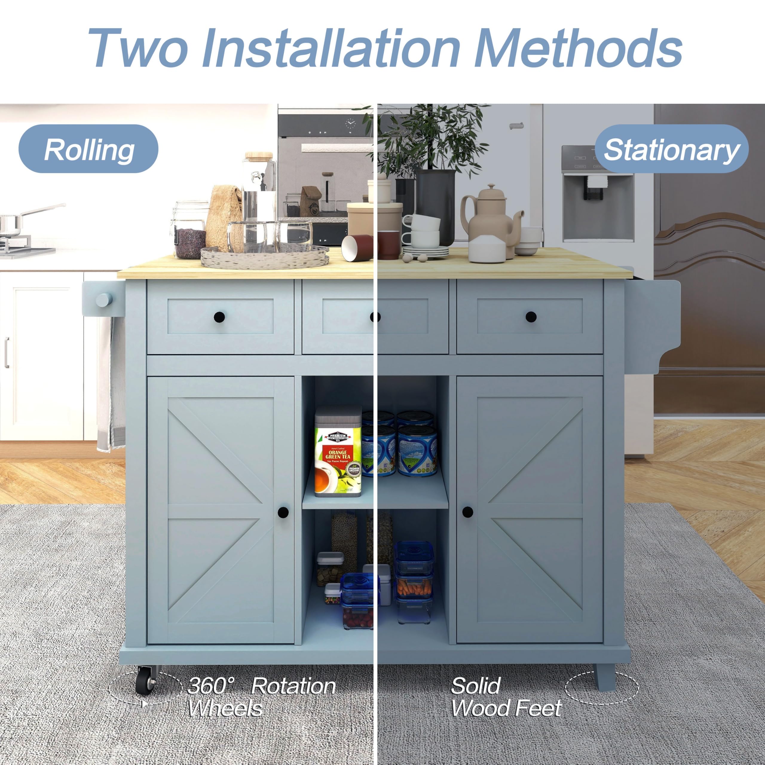 Rolling Kitchen Cart with Storage & Drop Leaf - Grey Blue for Cooking & Dining