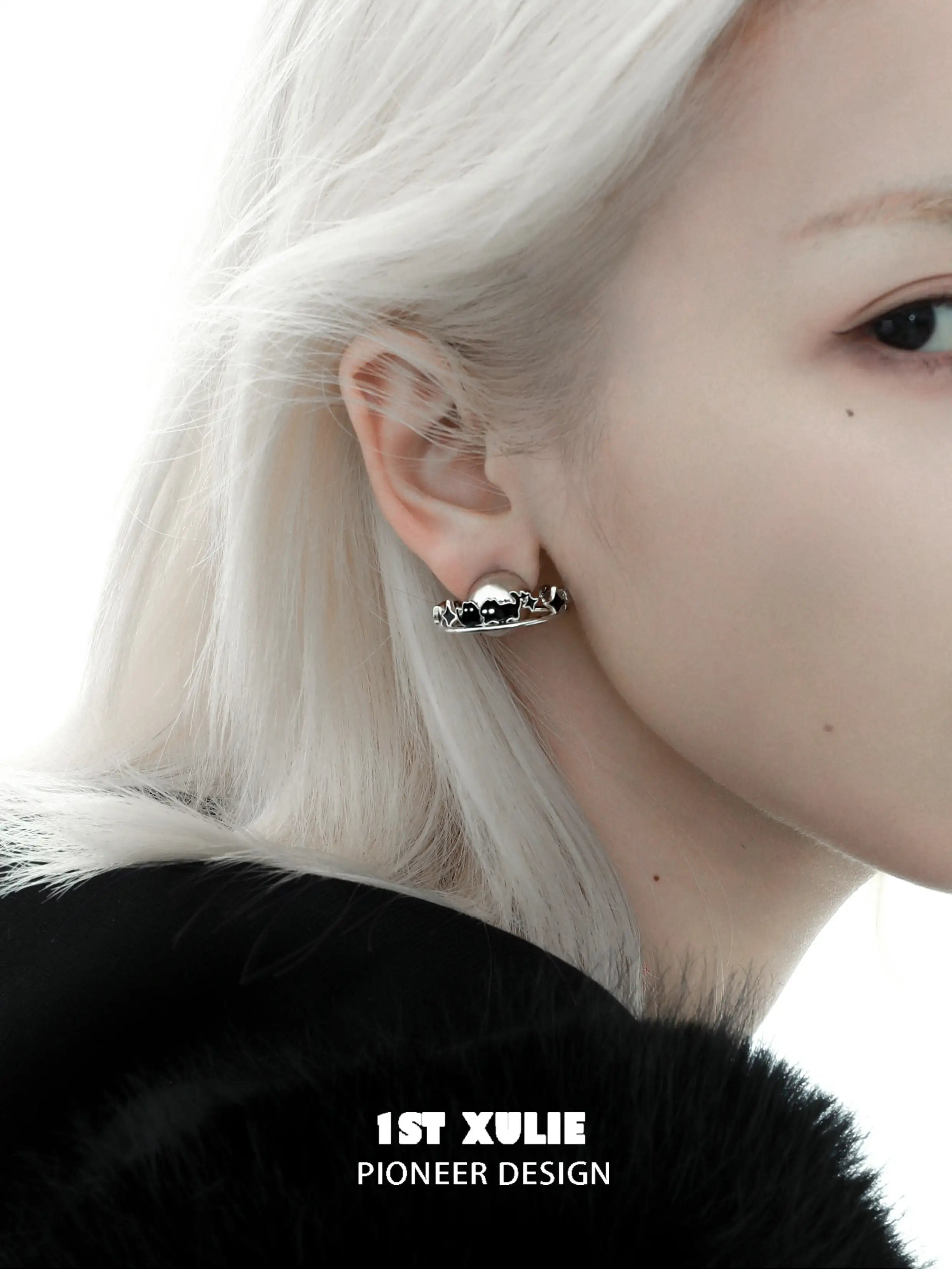 Ghosts Black Cat S925 18K Black Gold Plated Planets Earrings™ - Elegant Gothic Jewelry for Women, Perfect for Halloween, Cosplay & Dark Fashion Accessories